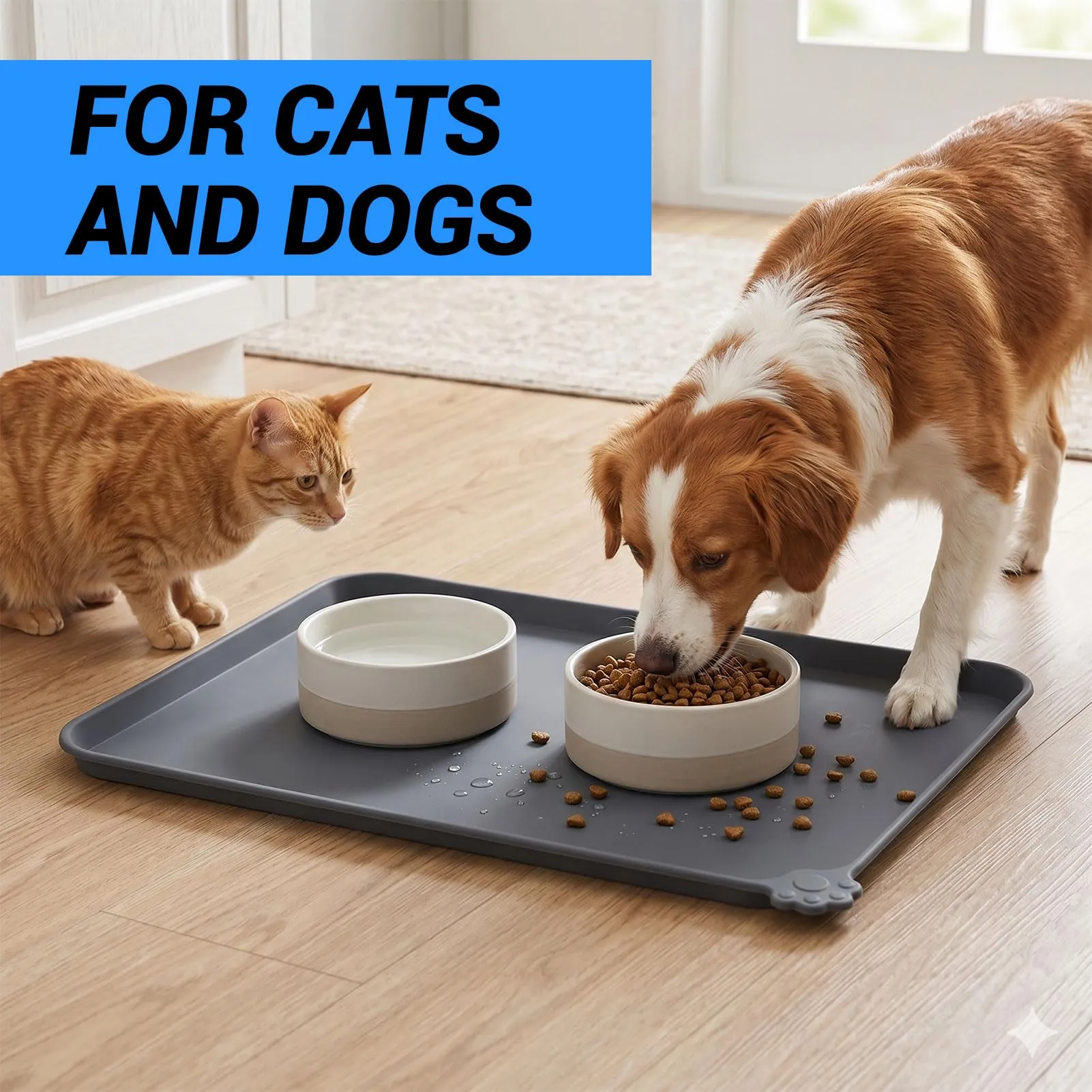 Reopet Tappetino in Silicone per Cibo e Acqua per Animali Domestici, Impermeabile con Bordi Rialzati, 47 x 30 cm, Grigio - immagine 2