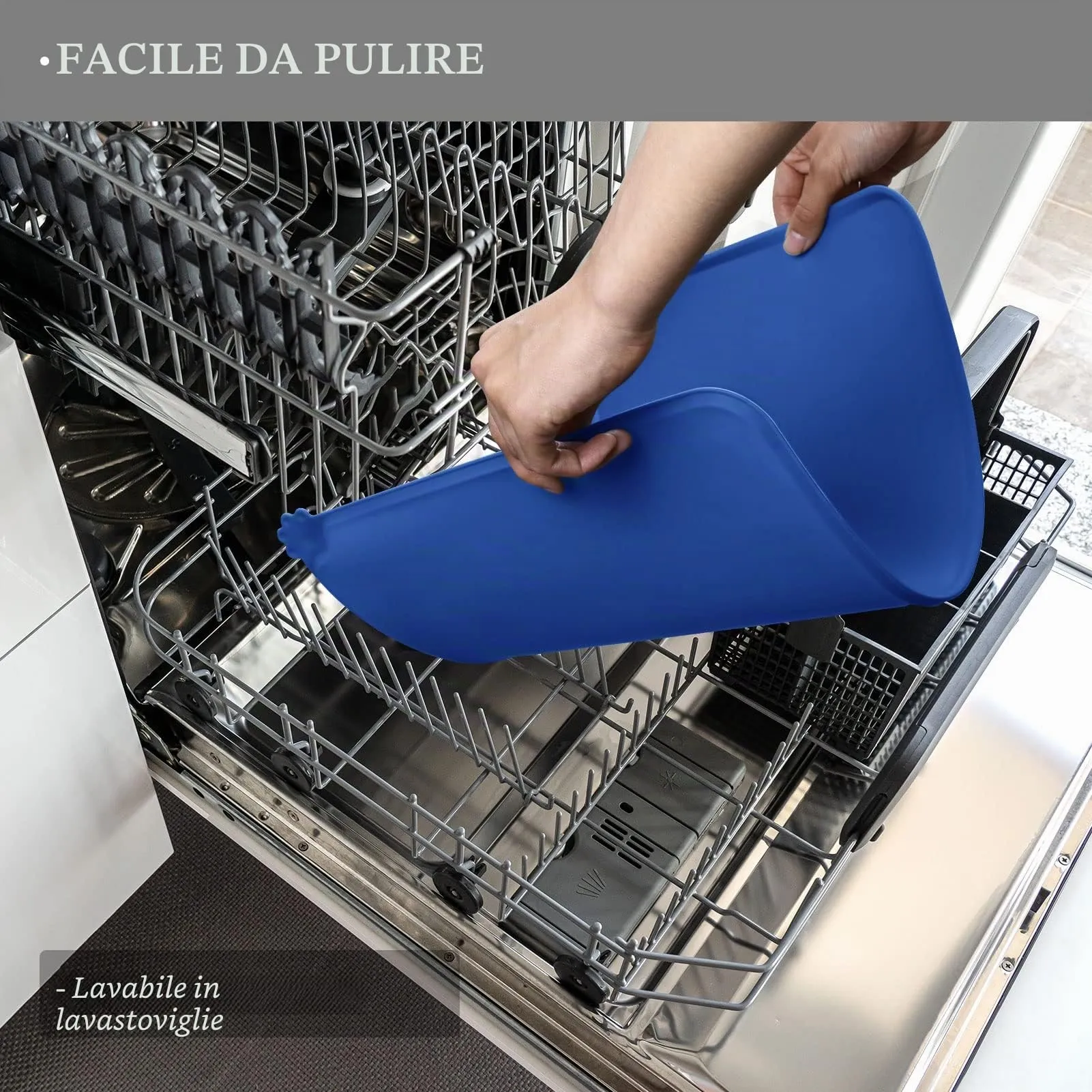 Reopet Tappetino in Silicone per Cibo e Acqua per Animali Domestici, Impermeabile e Antispill, 53 x 37 cm, Blu Marino - immagine 5