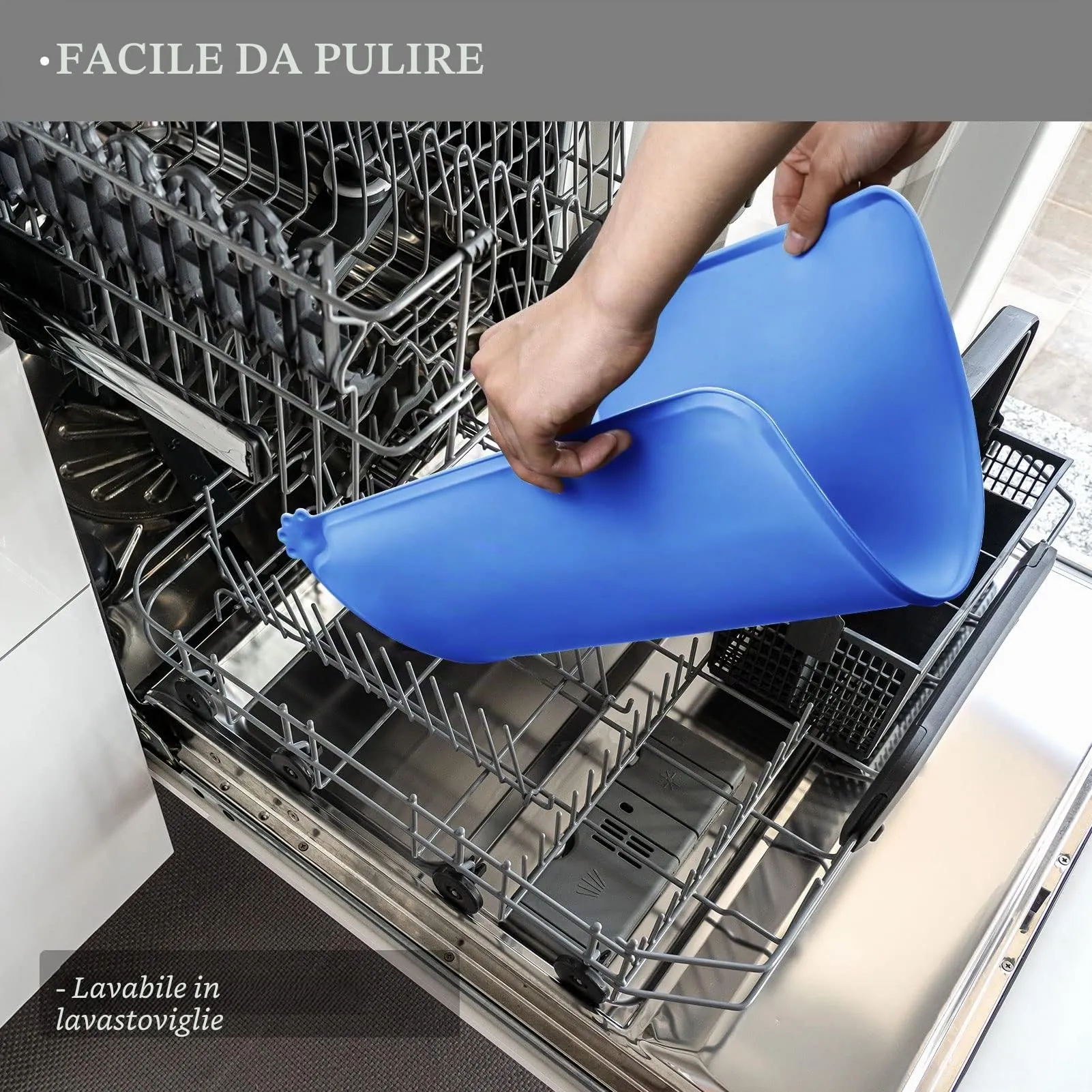 Reopet Tappetino in Silicone per Ciotole di Cani e Gatti, Impermeabile e Antiscivolo con Bordi Rialzati, 53 x 37 cm, Blu - immagine 2