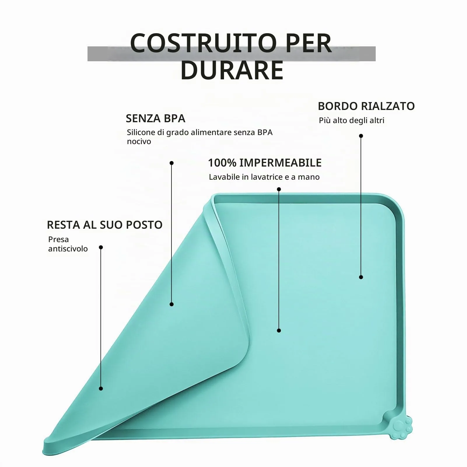 Reopet Tappetino in Silicone per Cibo e Acqua per Animali Domestici, Impermeabile Antispill, 47 x 30 cm, Verde - immagine 5