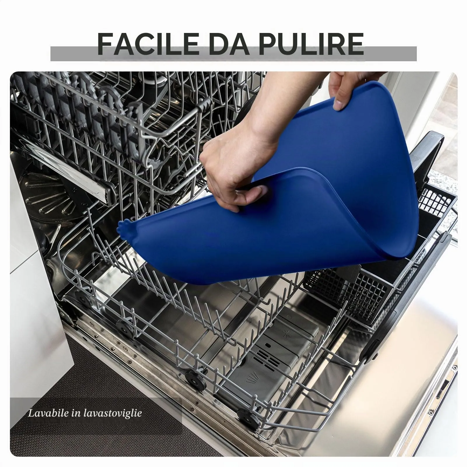 Reopet Tappetino in Silicone per Cibo e Acqua per Animali Domestici, Impermeabile con Bordi Rialzati Antispill, 47 x 30 cm, Blu Marino - immagine 7