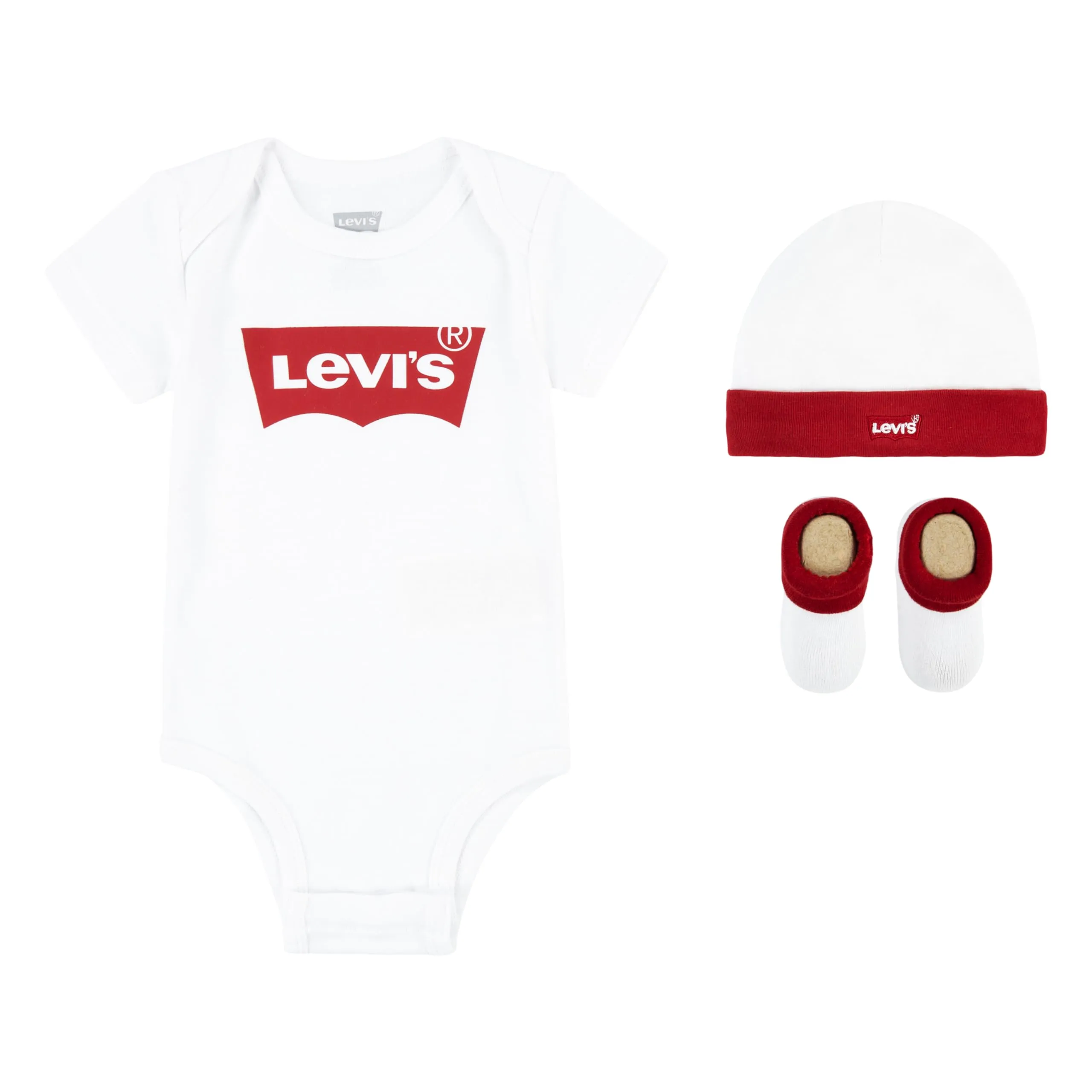 Levi's Classic Batwing Infant Hat Bodysuit Bootie Set 3Pc, White, 6-12 Months - immagine 1