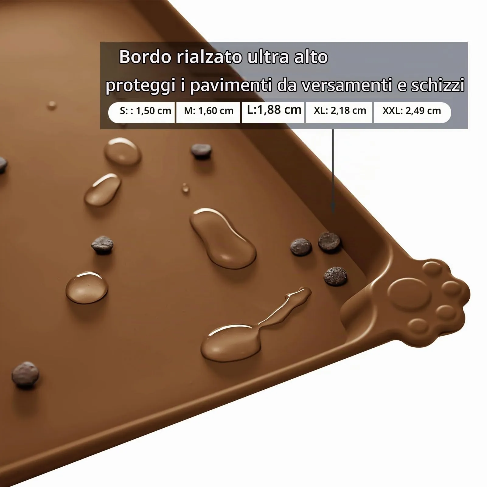Reopet Tappetino in Silicone per Cibo e Acqua per Animali Domestici, Impermeabile con Bordi Rialzati, 47 x 29.2 cm, Marrone - immagine 3