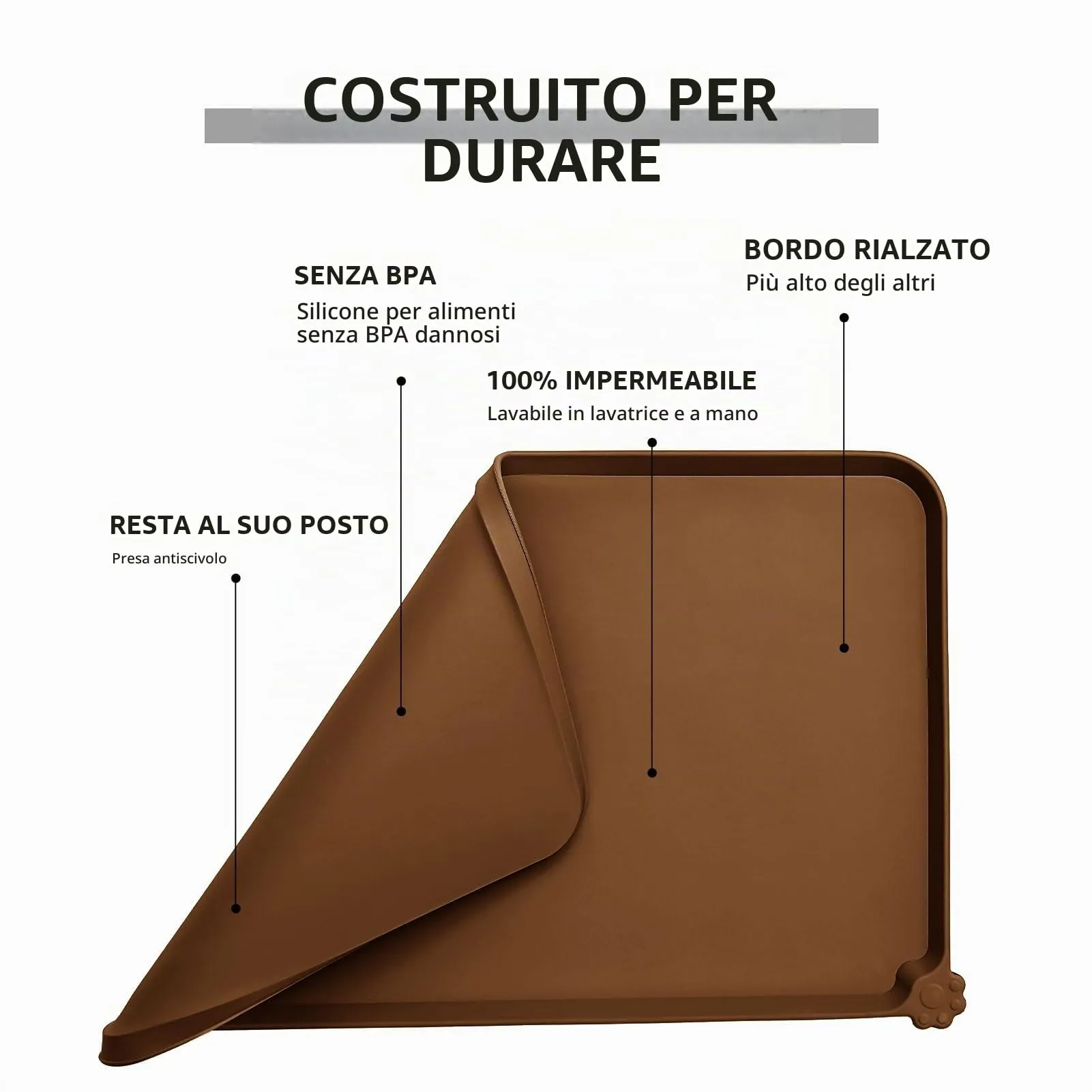 Reopet Tappetino in Silicone per Cibo e Acqua per Animali Domestici, Impermeabile con Bordi Rialzati, 47 x 29.2 cm, Marrone - immagine 5