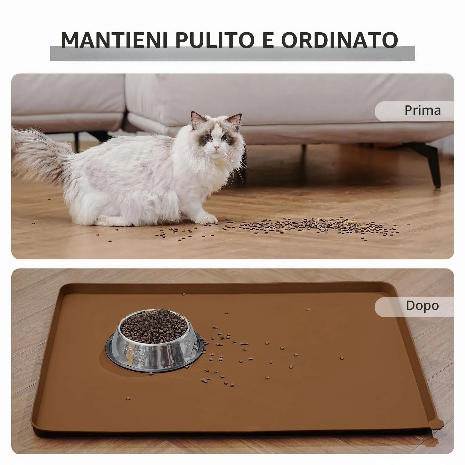 Reopet Tappetino in Silicone per Cibo e Acqua per Animali Domestici, Impermeabile con Bordi Rialzati, 47 x 29.2 cm, Marrone - immagine 6
