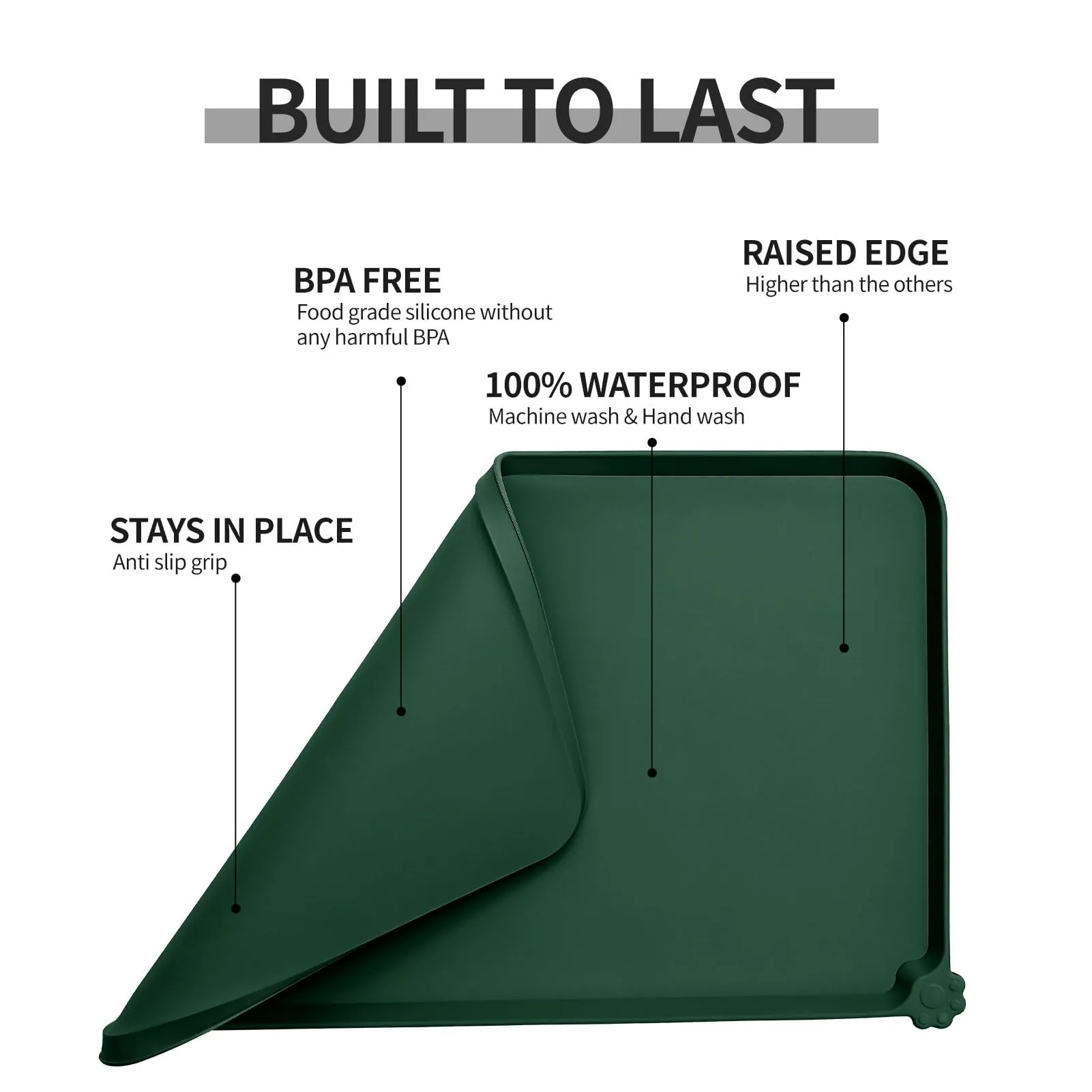 Reopet Tappetino in Silicone per Cibo e Acqua per Animali Domestici, Impermeabile e Antispill, 87 x 57 cm, Verde Scuro - immagine 6