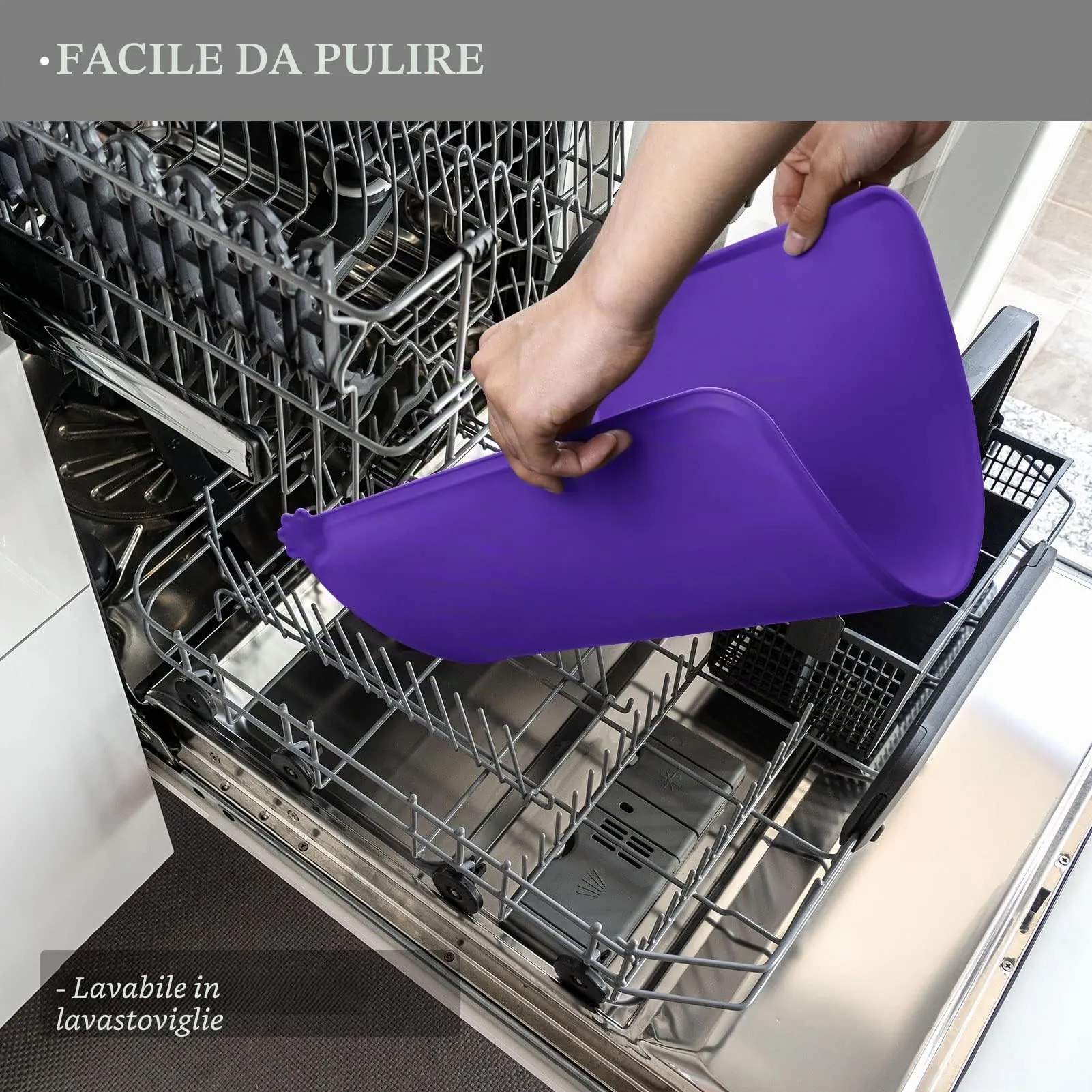Reopet Tappetino in Silicone per Cibo e Acqua per Animali Domestici, Impermeabile con Bordi Rialzati Antispill, 60 x 40 cm, Viola - immagine 5
