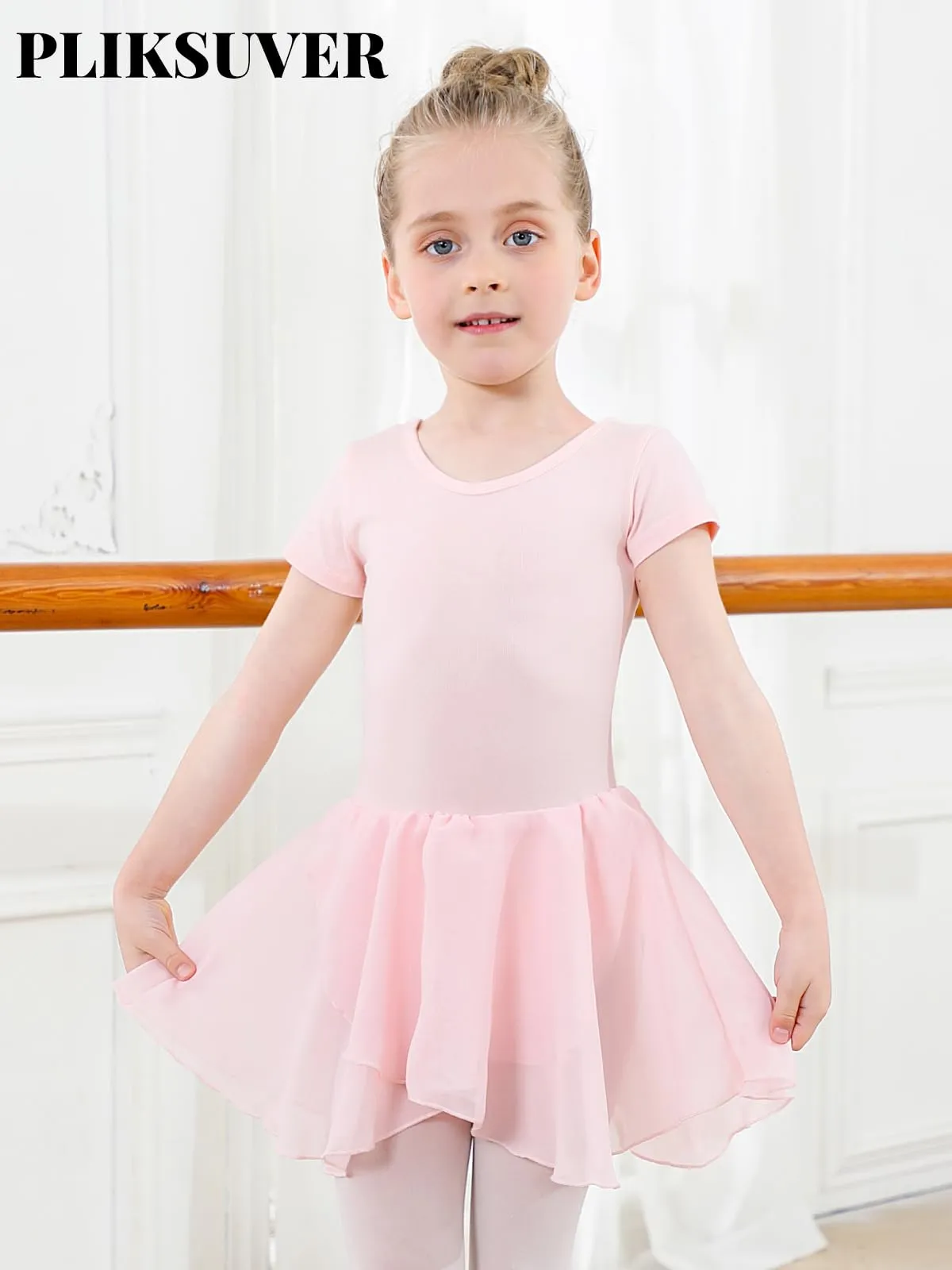 PLIKSUVER Vestito da Balletto Body Danza Tutu in Cotone e Chiffon Manica Corta per Ragazza - immagine 2