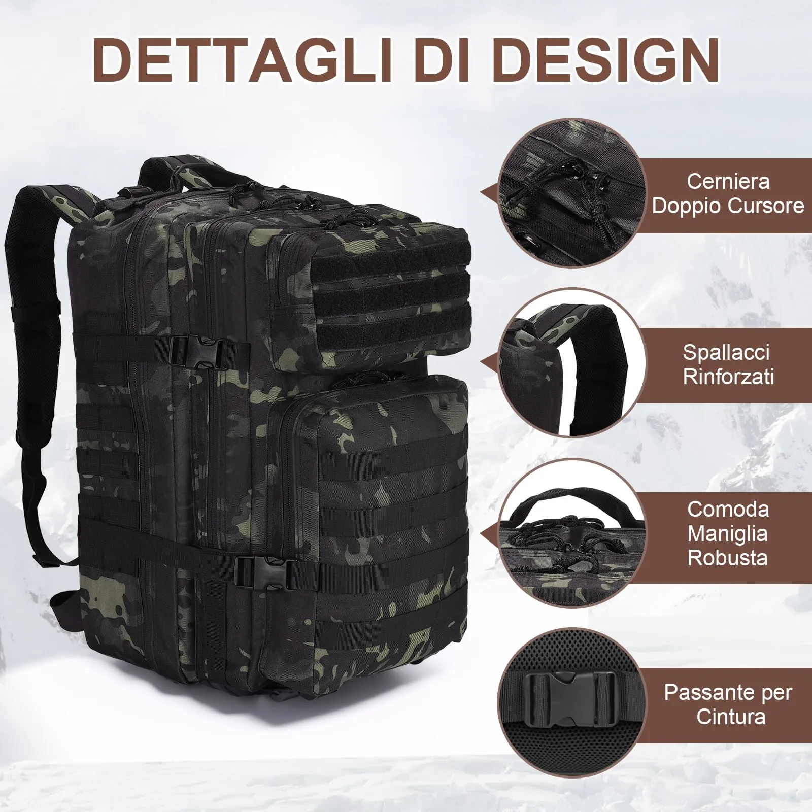 SHANNA Zaino Tattico Militare 45 Litri Impermeabile con Sistema Molle per Hiking, Campeggio e Trekking - immagine 2