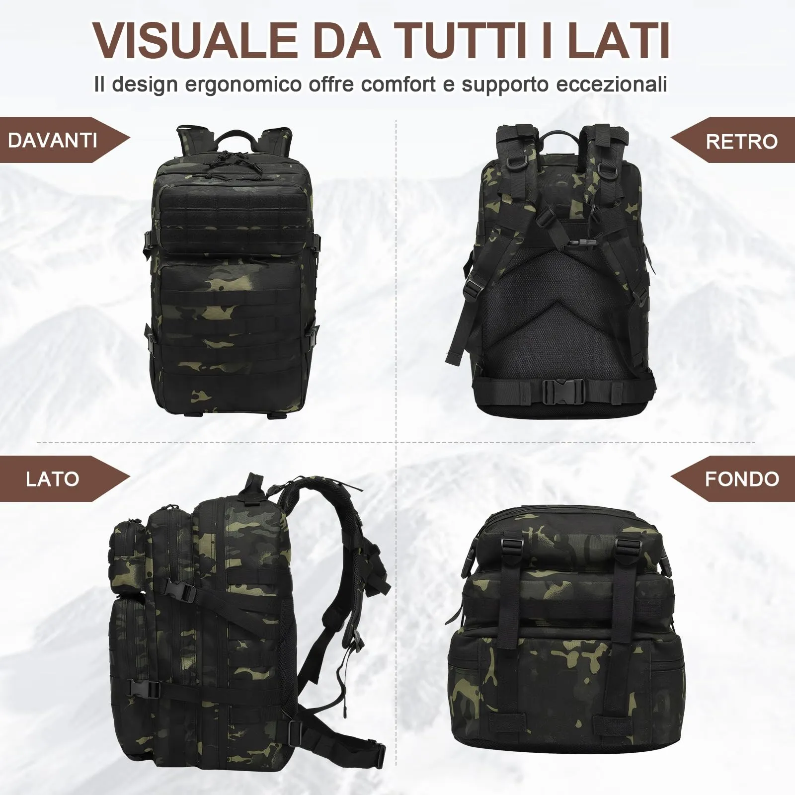 SHANNA Zaino Tattico Militare 45 Litri Impermeabile con Sistema Molle per Hiking, Campeggio e Trekking - immagine 3