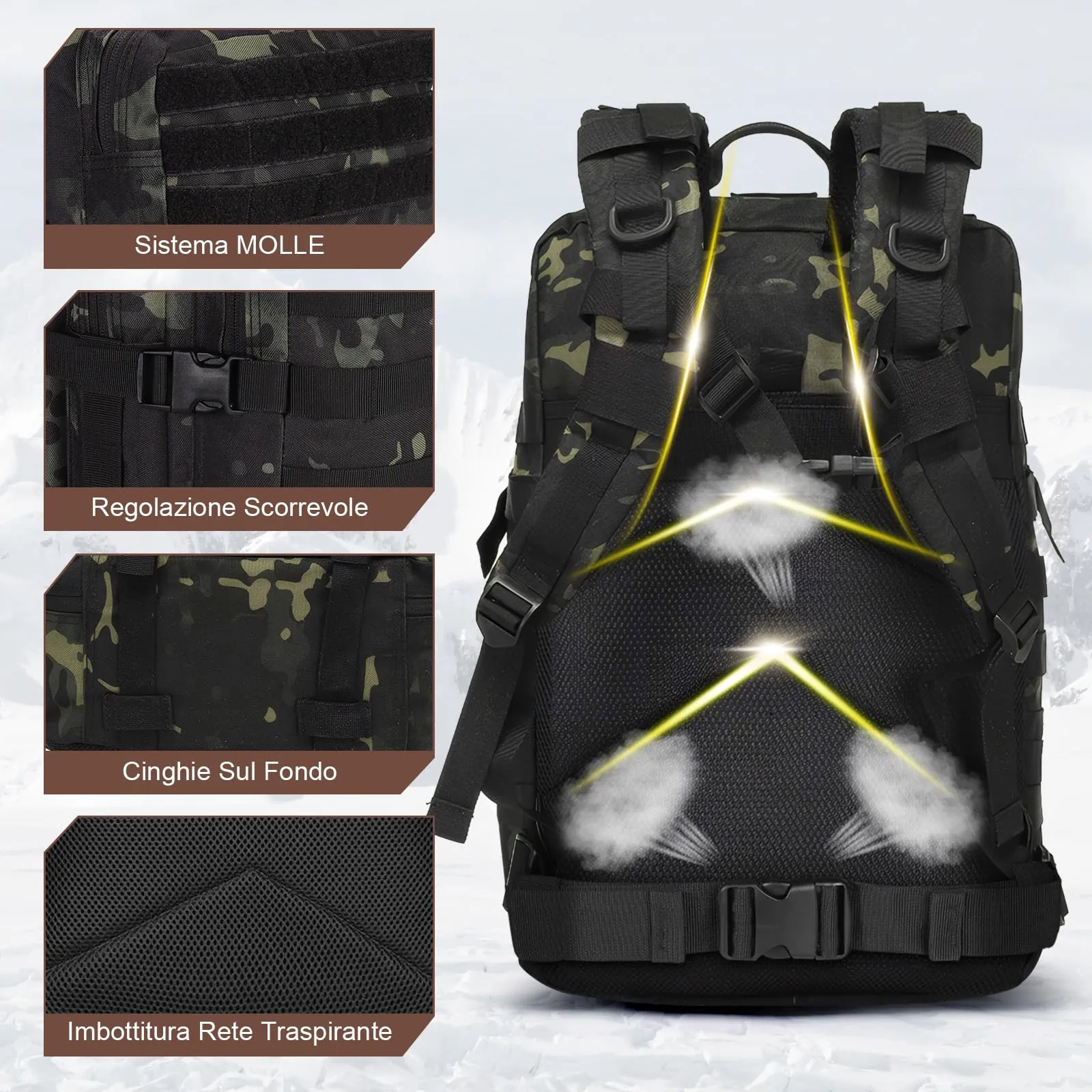 SHANNA Zaino Tattico Militare 45 Litri Impermeabile con Sistema Molle per Hiking, Campeggio e Trekking - immagine 4