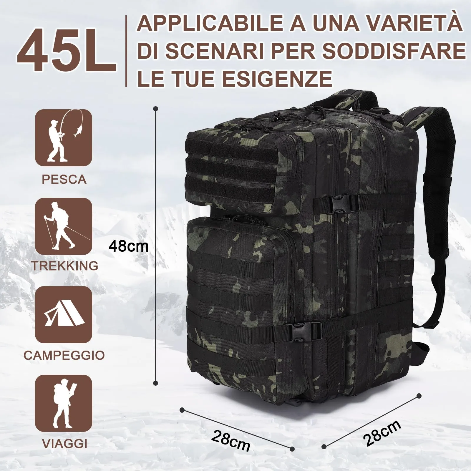 SHANNA Zaino Tattico Militare 45 Litri Impermeabile con Sistema Molle per Hiking, Campeggio e Trekking - immagine 5