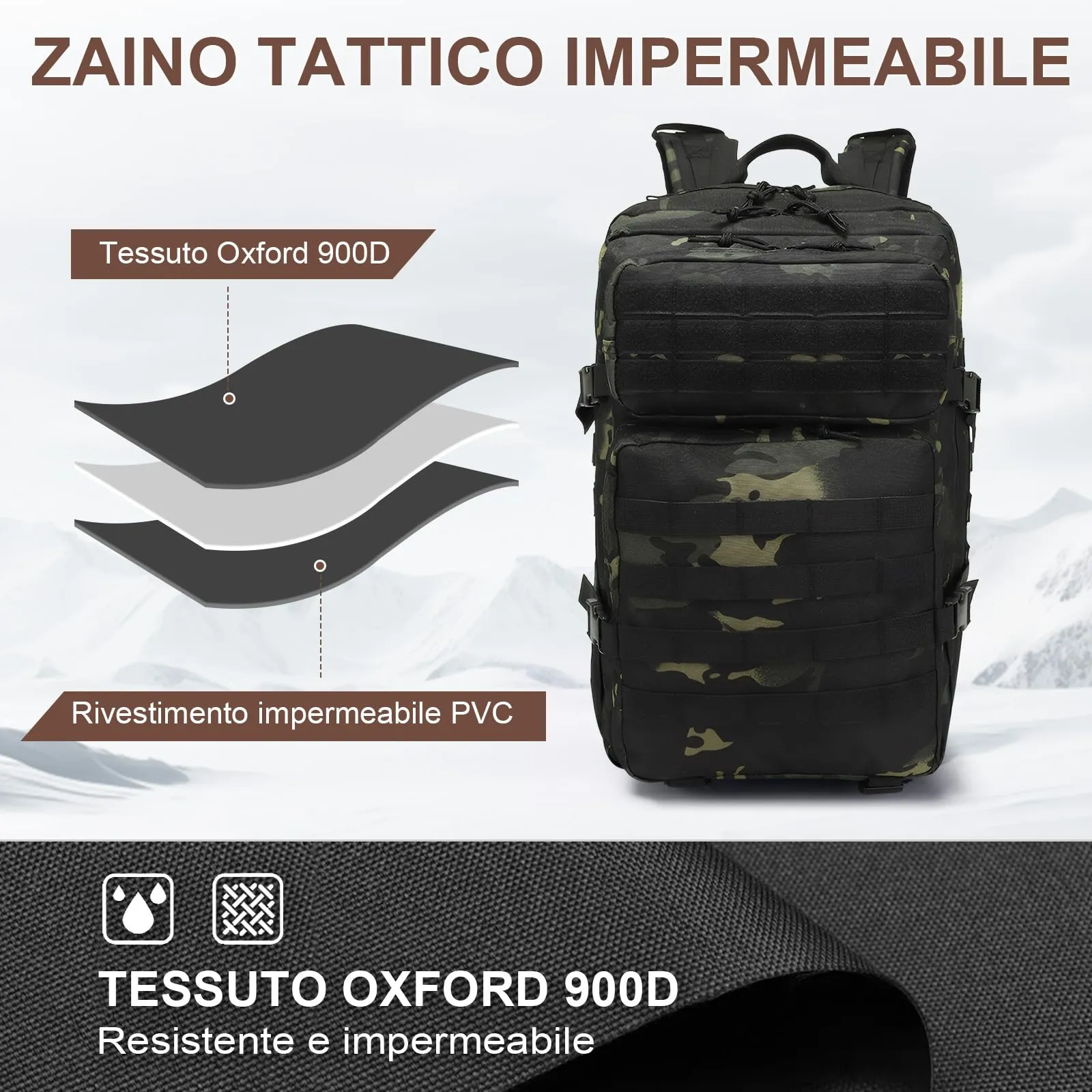SHANNA Zaino Tattico Militare 45 Litri Impermeabile con Sistema Molle per Hiking, Campeggio e Trekking - immagine 6