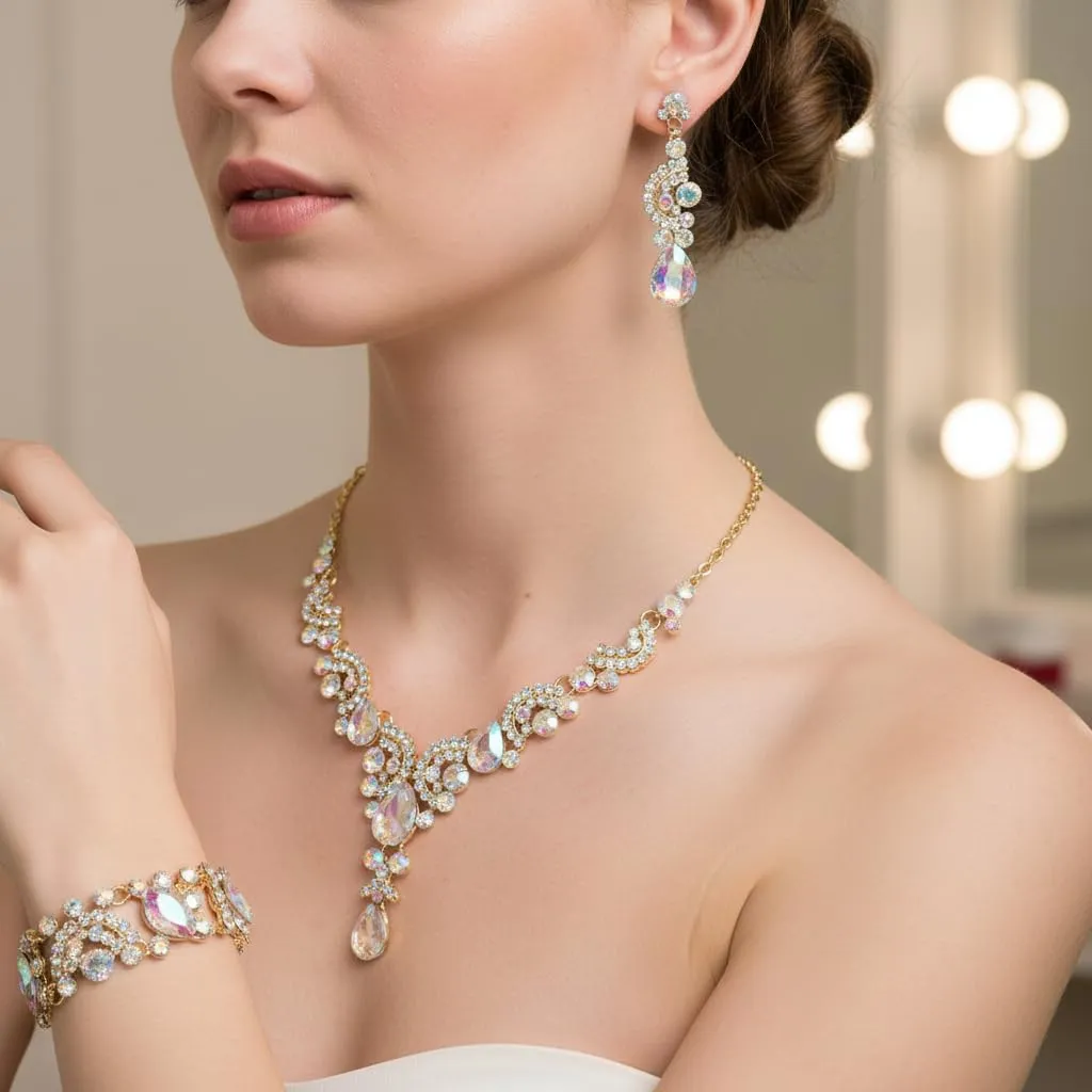 EVER FAITH Set di Gioielli in Cristallo Art Deco Floreale con Collana, Braccialetto, Anello e Orecchini - immagine 3