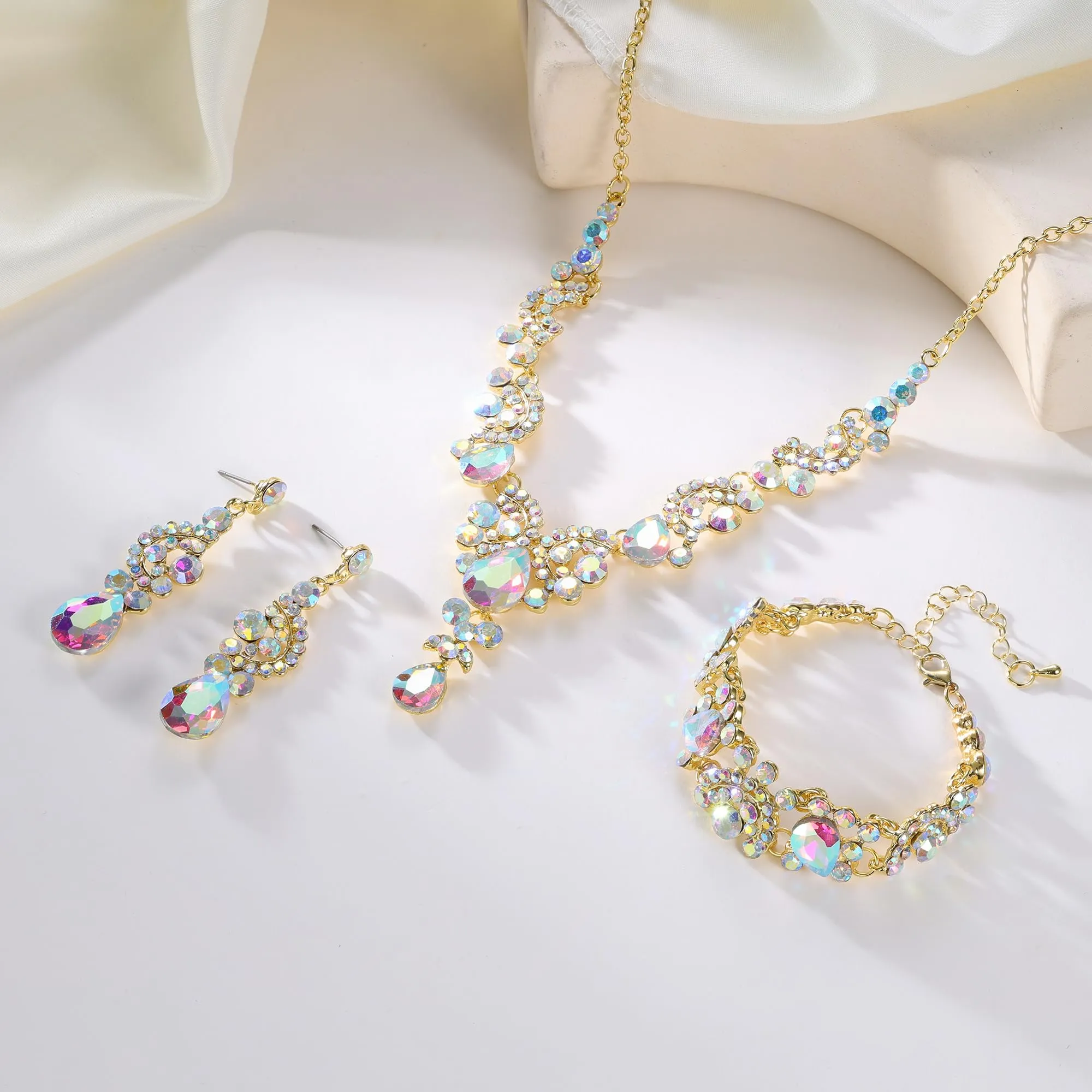 EVER FAITH Set di Gioielli in Cristallo Art Deco Floreale con Collana, Braccialetto, Anello e Orecchini - immagine 4