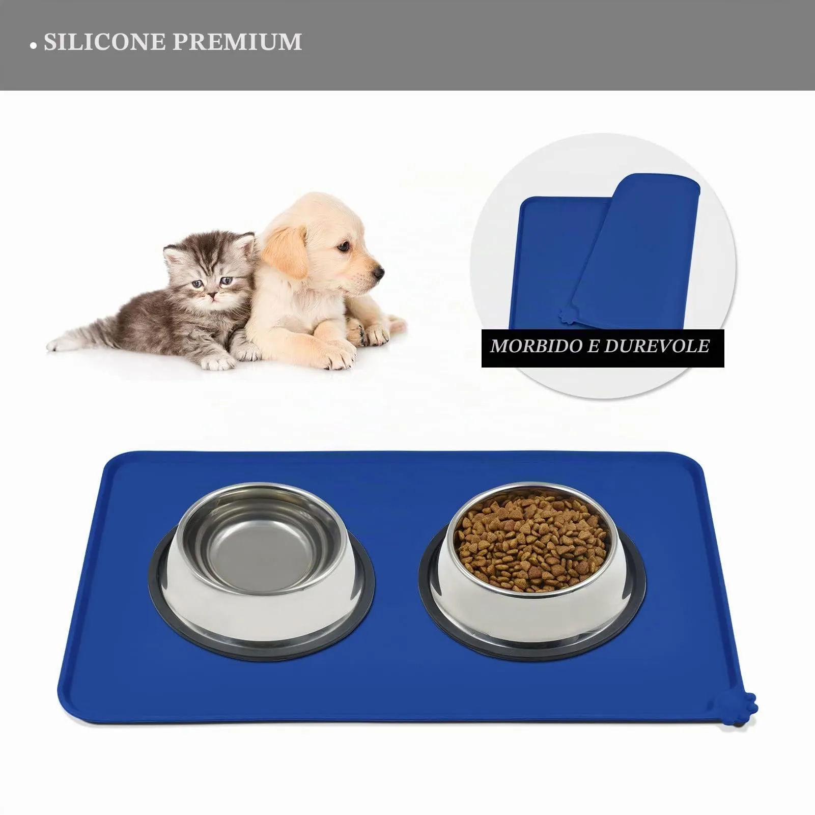 Reopet Tappetino in Silicone per Cibo e Acqua per Animali Domestici, Impermeabile Antispill, 60 x 40 cm, Blu marino - immagine 3