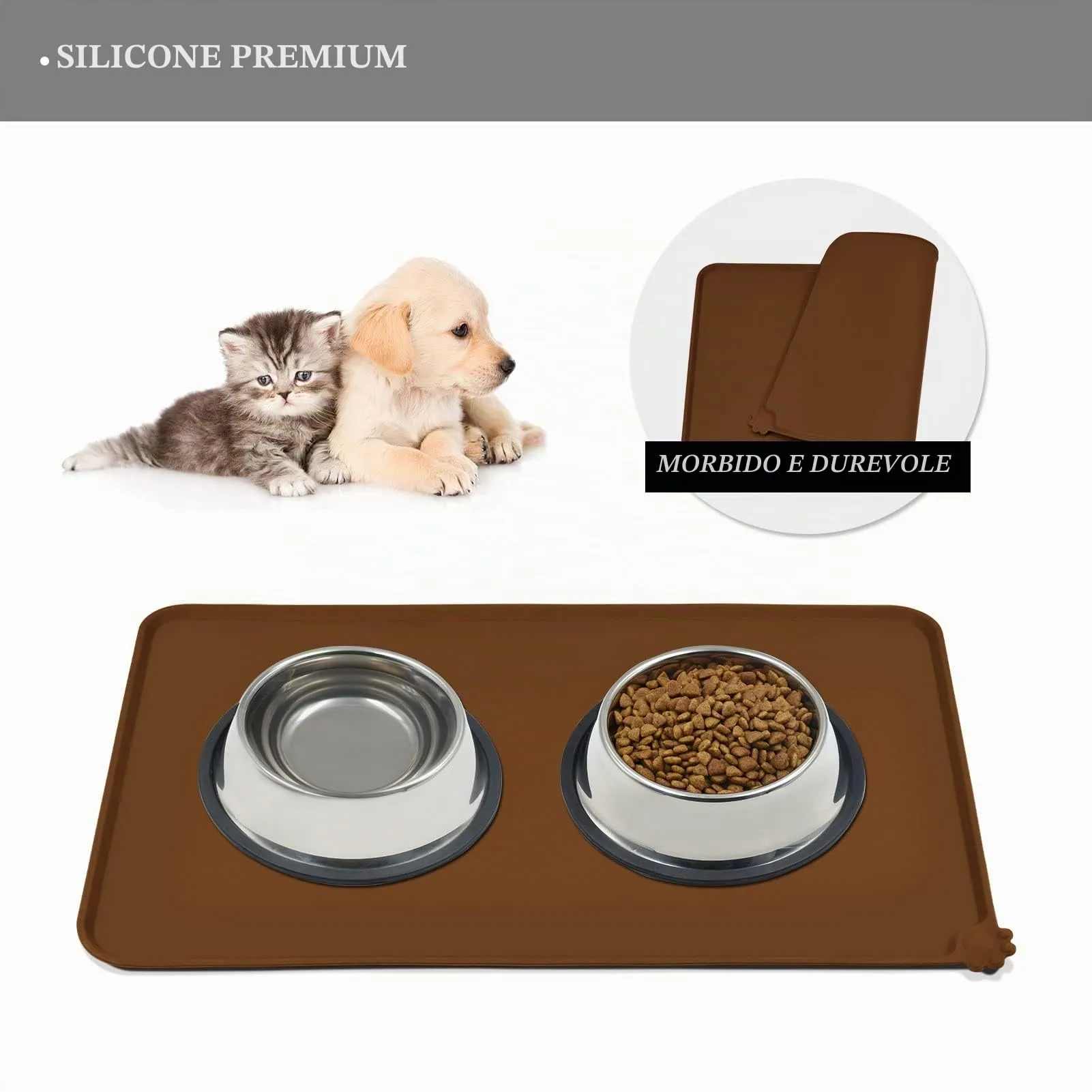 Reopet Tappetino in Silicone per Cibo e Acqua per Animali Domestici, Impermeabile con Bordi Rialzati, 60 x 40 cm, Marrone - immagine 3