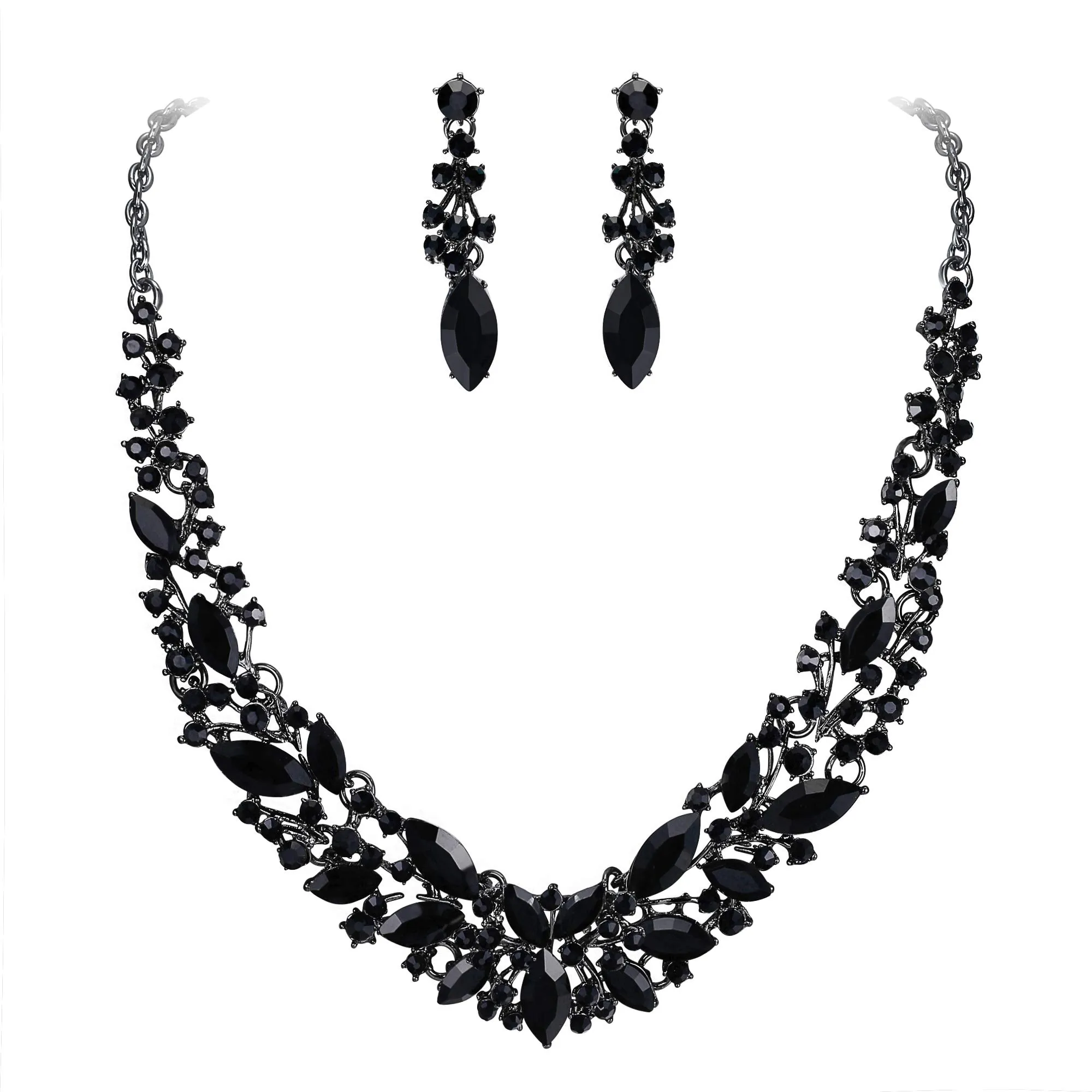 Clearine Set Collana e Orecchini Matrimonio in Cristallo Austriaco Marquise, Nero-Argento - immagine 1