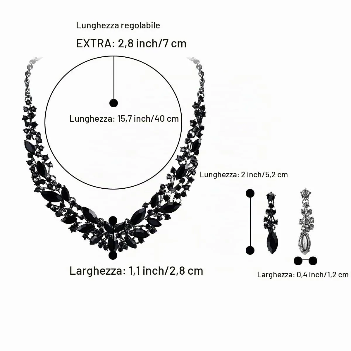 Clearine Set Collana e Orecchini Matrimonio in Cristallo Austriaco Marquise, Nero-Argento - immagine 4