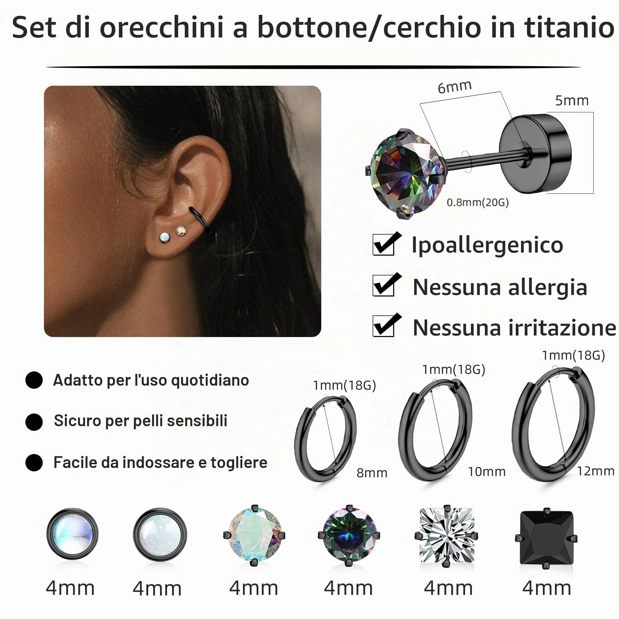 LOFITOR Set di 9 Paia di Orecchini in Titanio Ipoallergenici per Donne e Uomini, Cerchi e Stud per Helix, Trago e Conch (Argento, Oro, Nero) - immagine 4