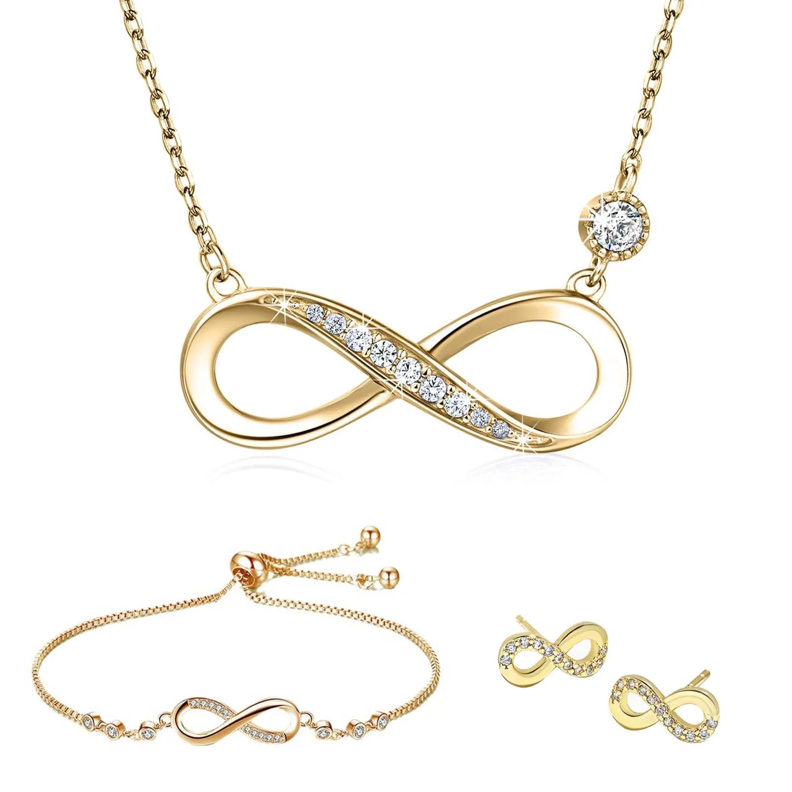Bcenoilua Parure di Gioielli con Simbolo Infinito in Argento 925 e Zirconi, Collana Bracciale e Orecchini Regolabili - immagine 1