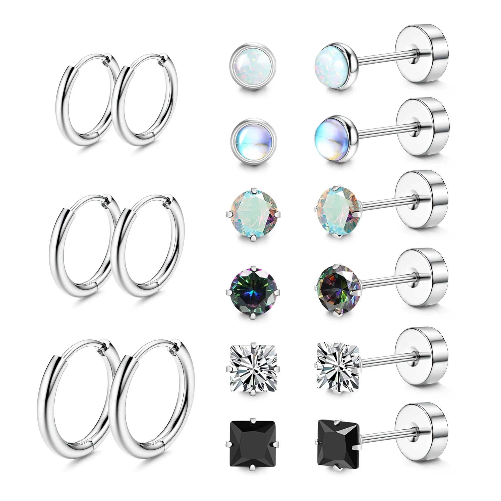 LOFITOR Set 9 Paia Orecchini in Titanio Ipoallergenici per Donne e Uomini, Cerchi e Stud per Piercing Helix Trago Conch (Argento, Oro, Nero) - immagine 1