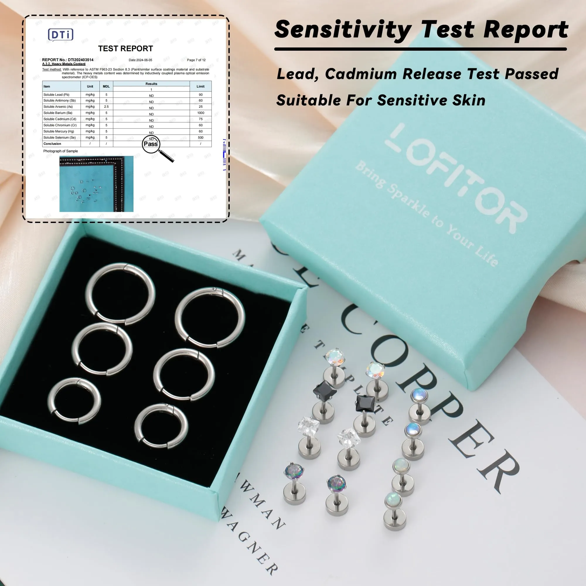 LOFITOR Set 9 Paia Orecchini in Titanio Ipoallergenici per Donne e Uomini, Cerchi e Stud per Piercing Helix Trago Conch (Argento, Oro, Nero) - immagine 3