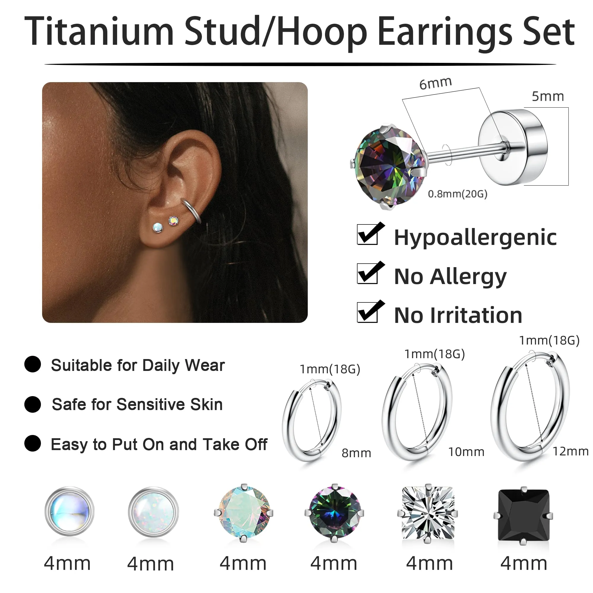 LOFITOR Set 9 Paia Orecchini in Titanio Ipoallergenici per Donne e Uomini, Cerchi e Stud per Piercing Helix Trago Conch (Argento, Oro, Nero) - immagine 4