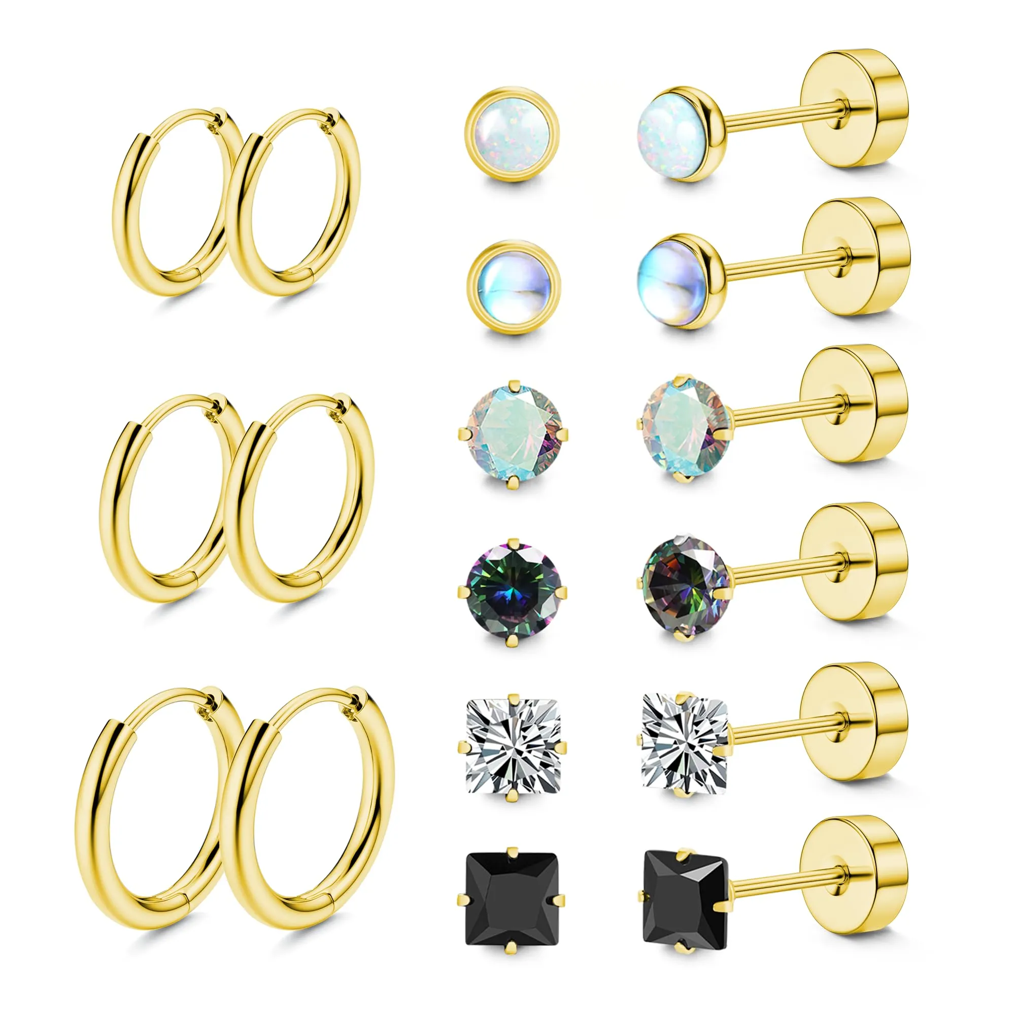 LOFITOR Set di 9 Paia di Orecchini in Titanio Ipoallergenici, Argento Oro Nero - immagine 1