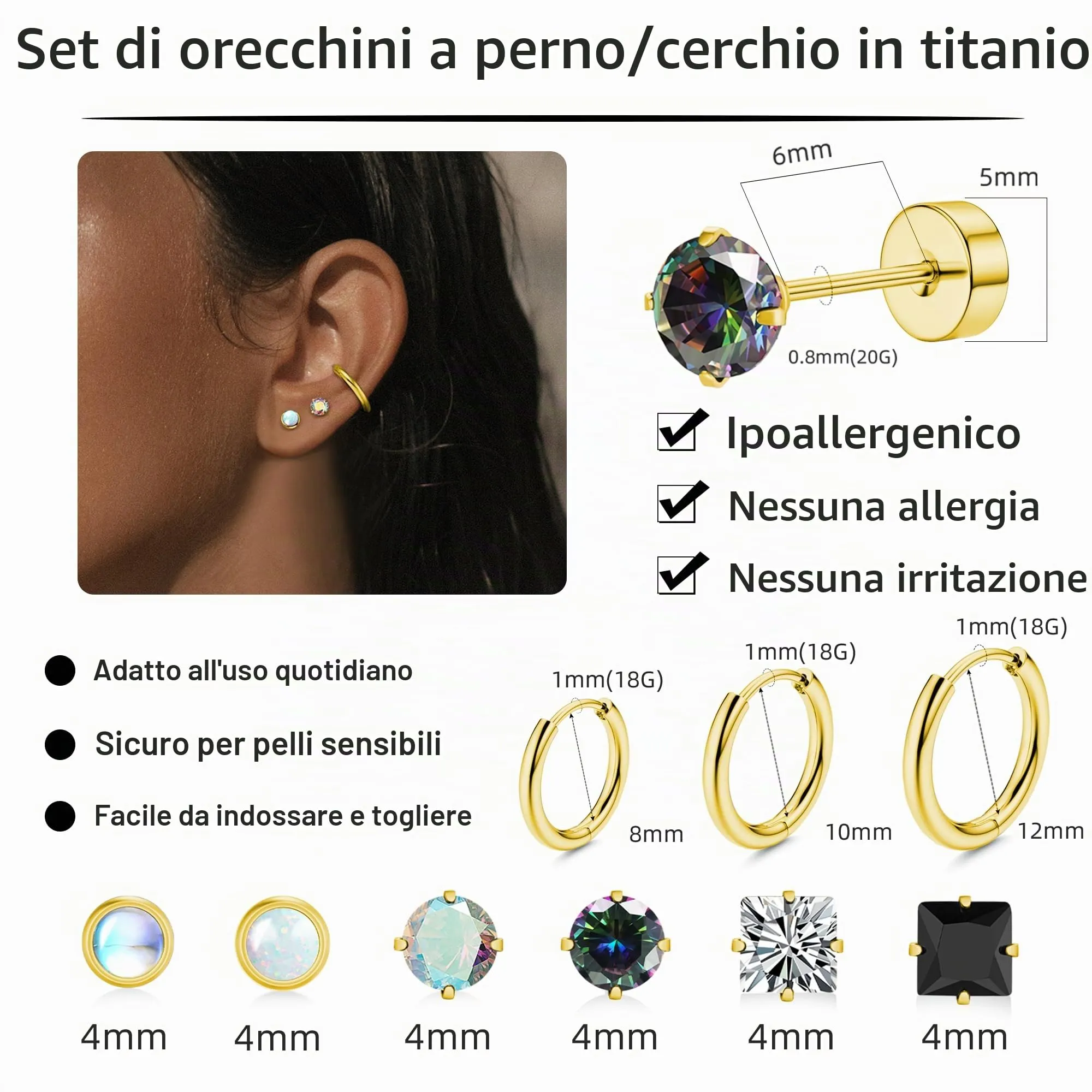 LOFITOR Set di 9 Paia di Orecchini in Titanio Ipoallergenici, Argento Oro Nero - immagine 4