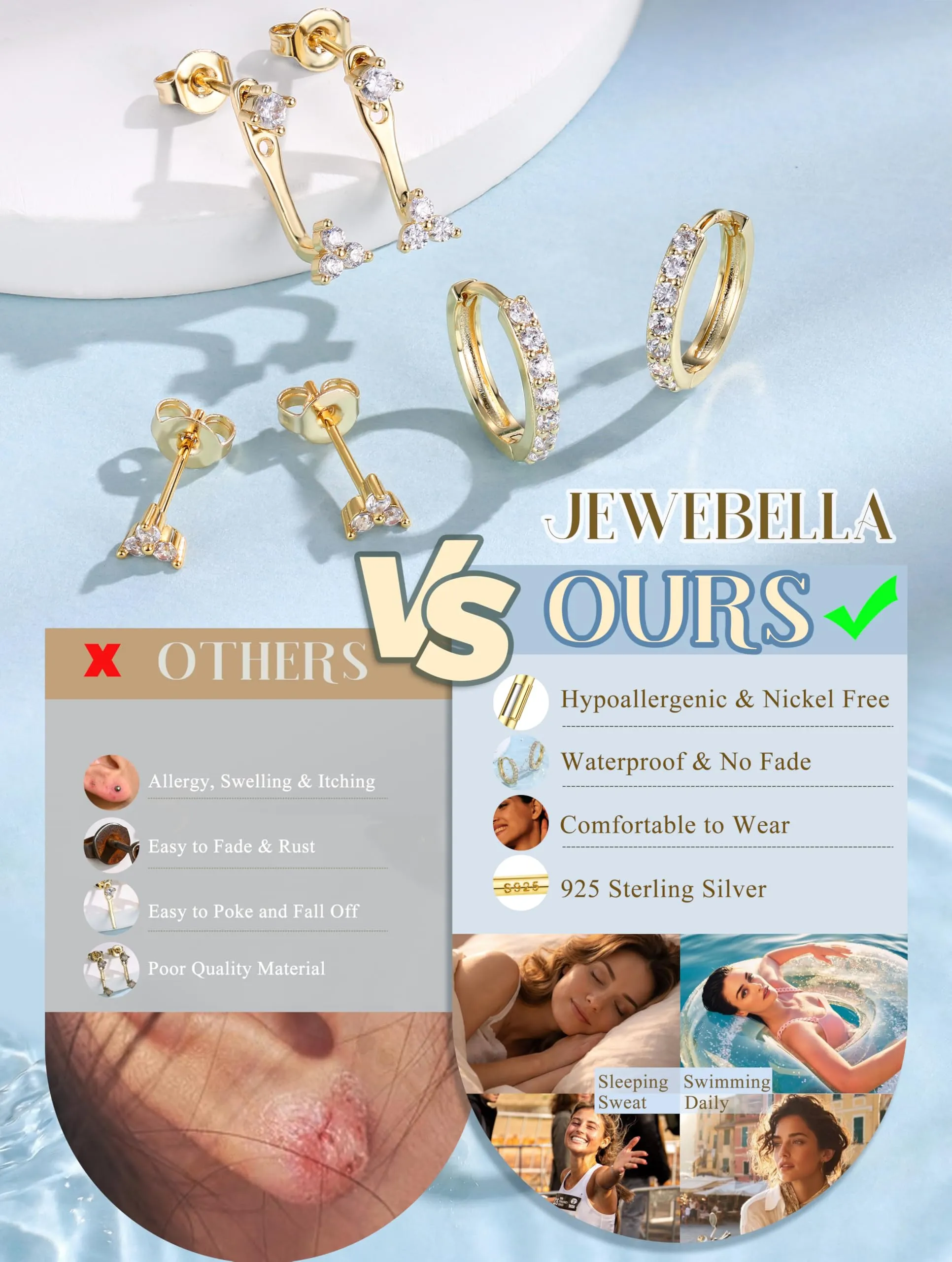 JeweBella Set di 3 Paia di Orecchini in Argento 925 Placcato Oro 14K, Orecchini a Bottone e a Cerchio per Piercing Multipli - immagine 4