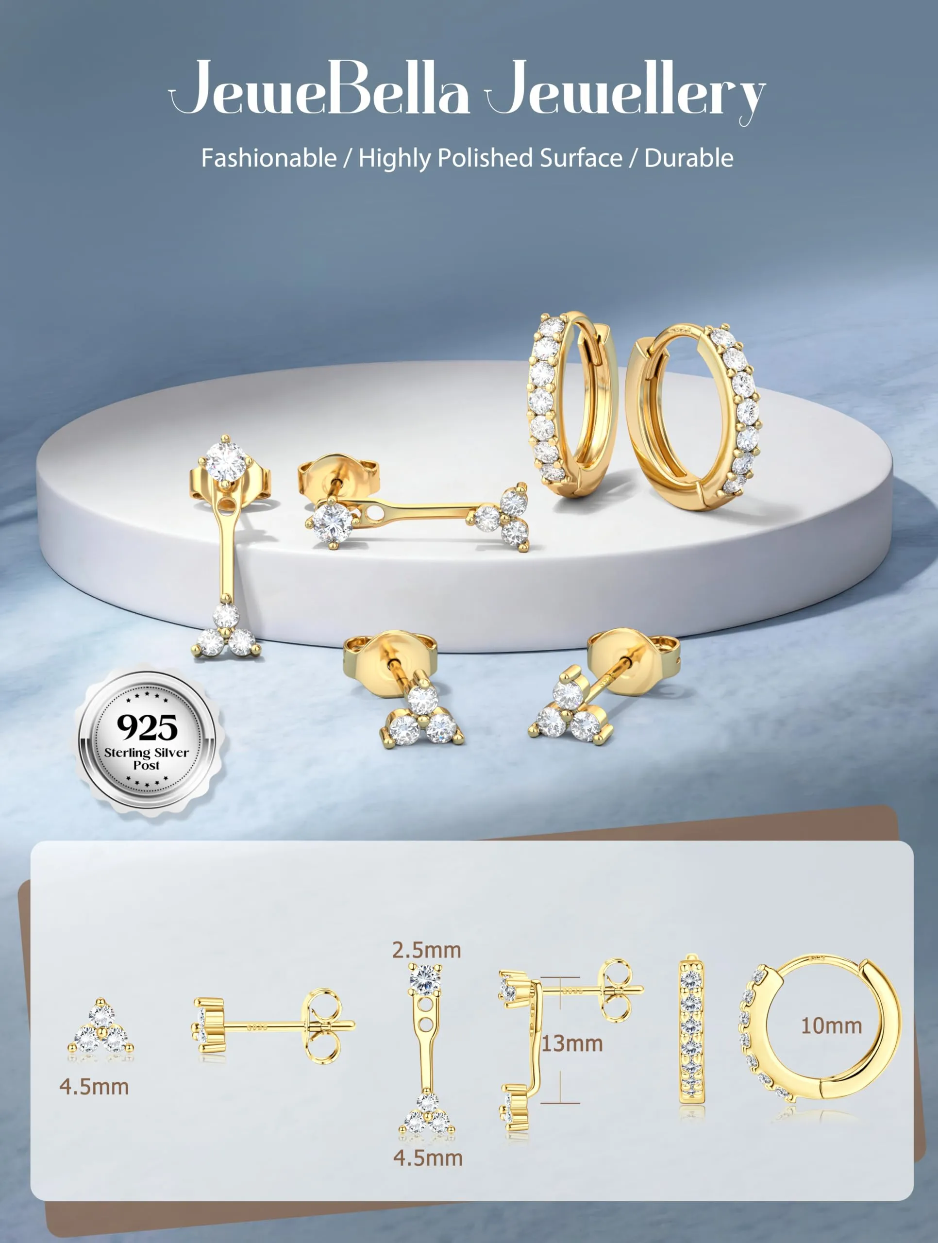 JeweBella Set di 3 Paia di Orecchini in Argento 925 Placcato Oro 14K, Orecchini a Bottone e a Cerchio per Piercing Multipli - immagine 5