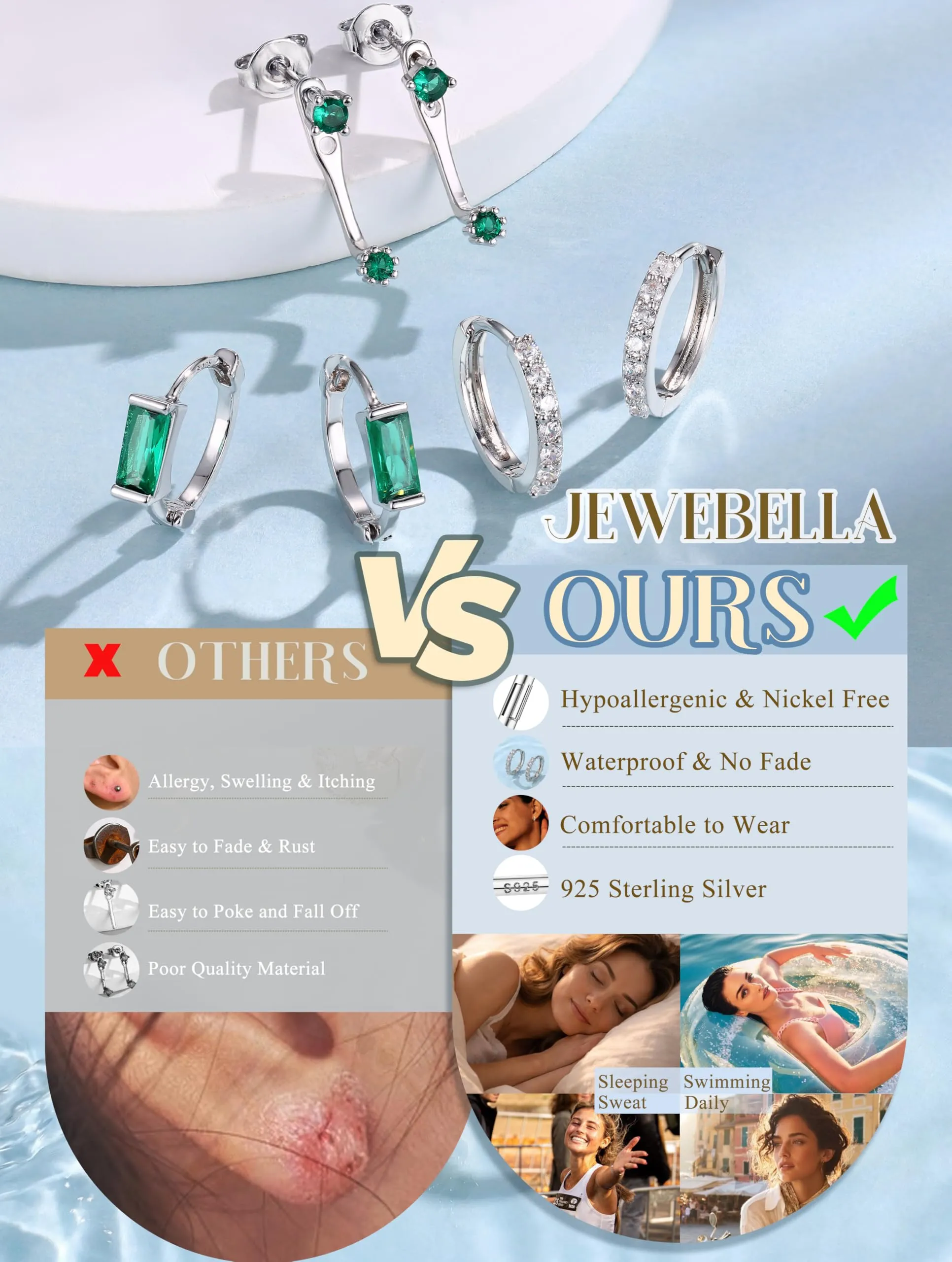 JeweBella Set di 3 Paia di Orecchini in Argento 925 Placcato Oro 14K, Orecchini a Bottone e a Cerchio per Piercing Multipli - immagine 4