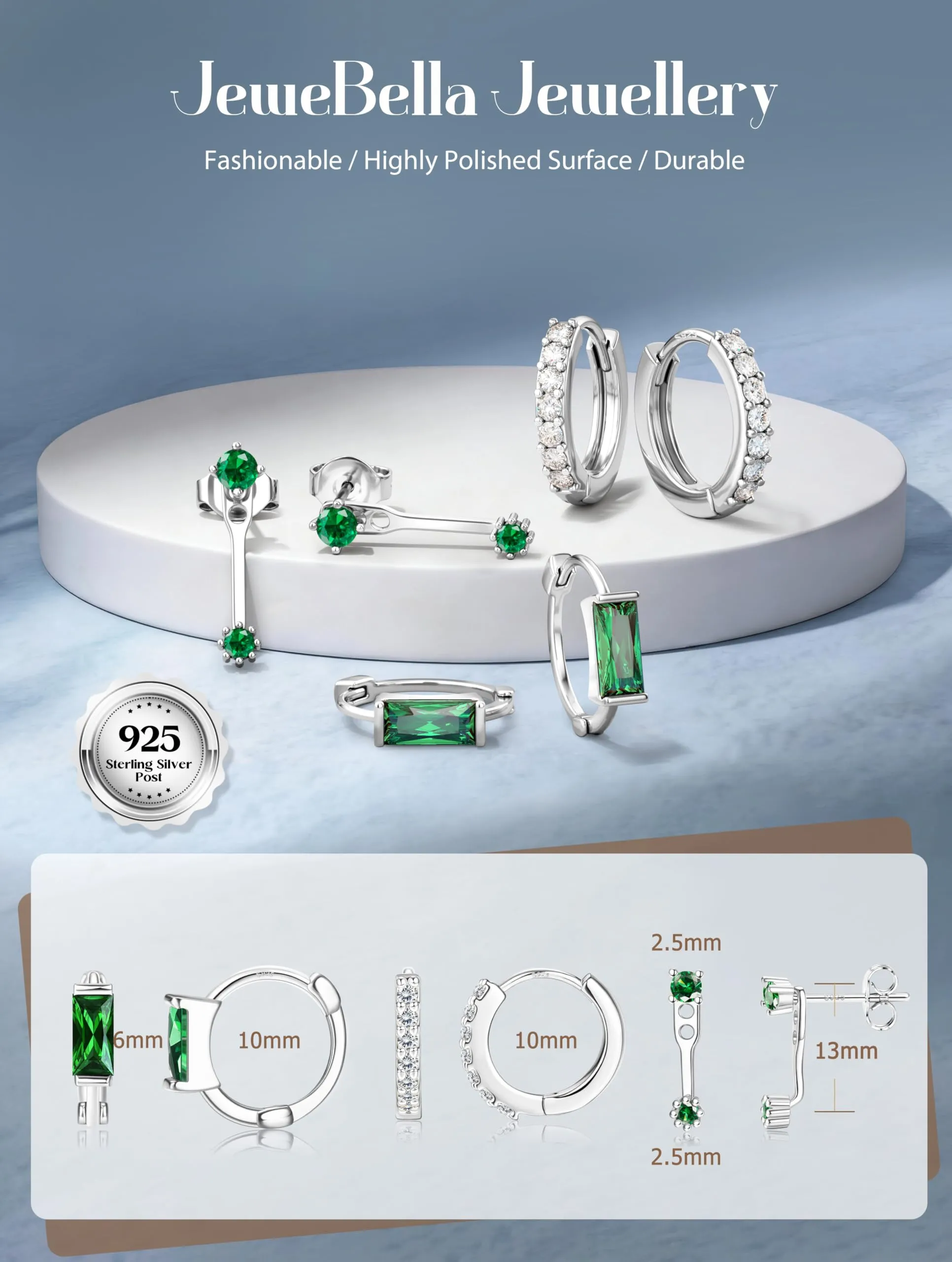 JeweBella Set di 3 Paia di Orecchini in Argento 925 Placcato Oro 14K, Orecchini a Bottone e a Cerchio per Piercing Multipli - immagine 5