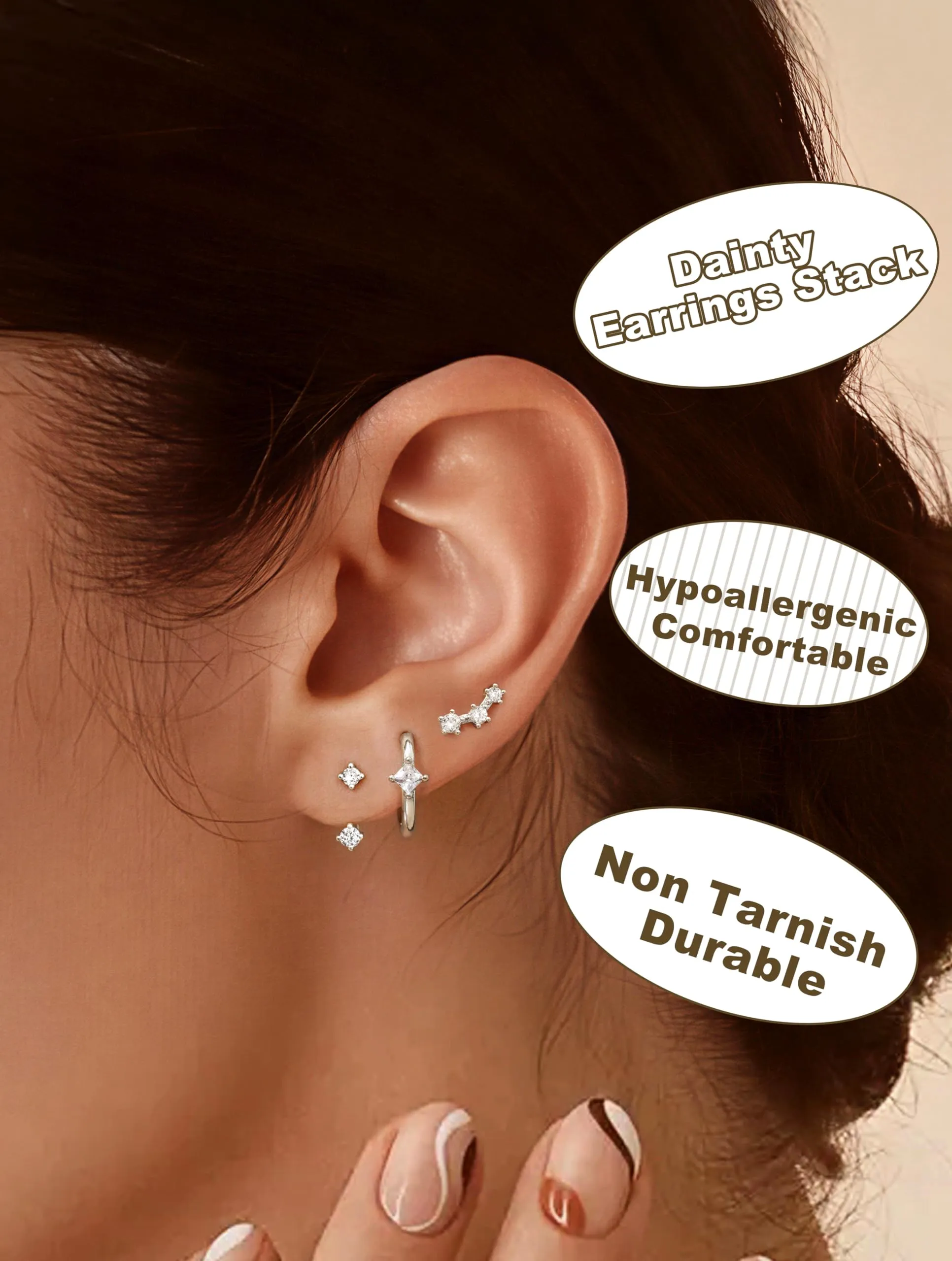 JeweBella Set di 3 Paia di Orecchini in Argento 925 Placcato Oro 14K per Donna, Orecchini a Bottone e a Cerchio per Piercing Multipli - immagine 2