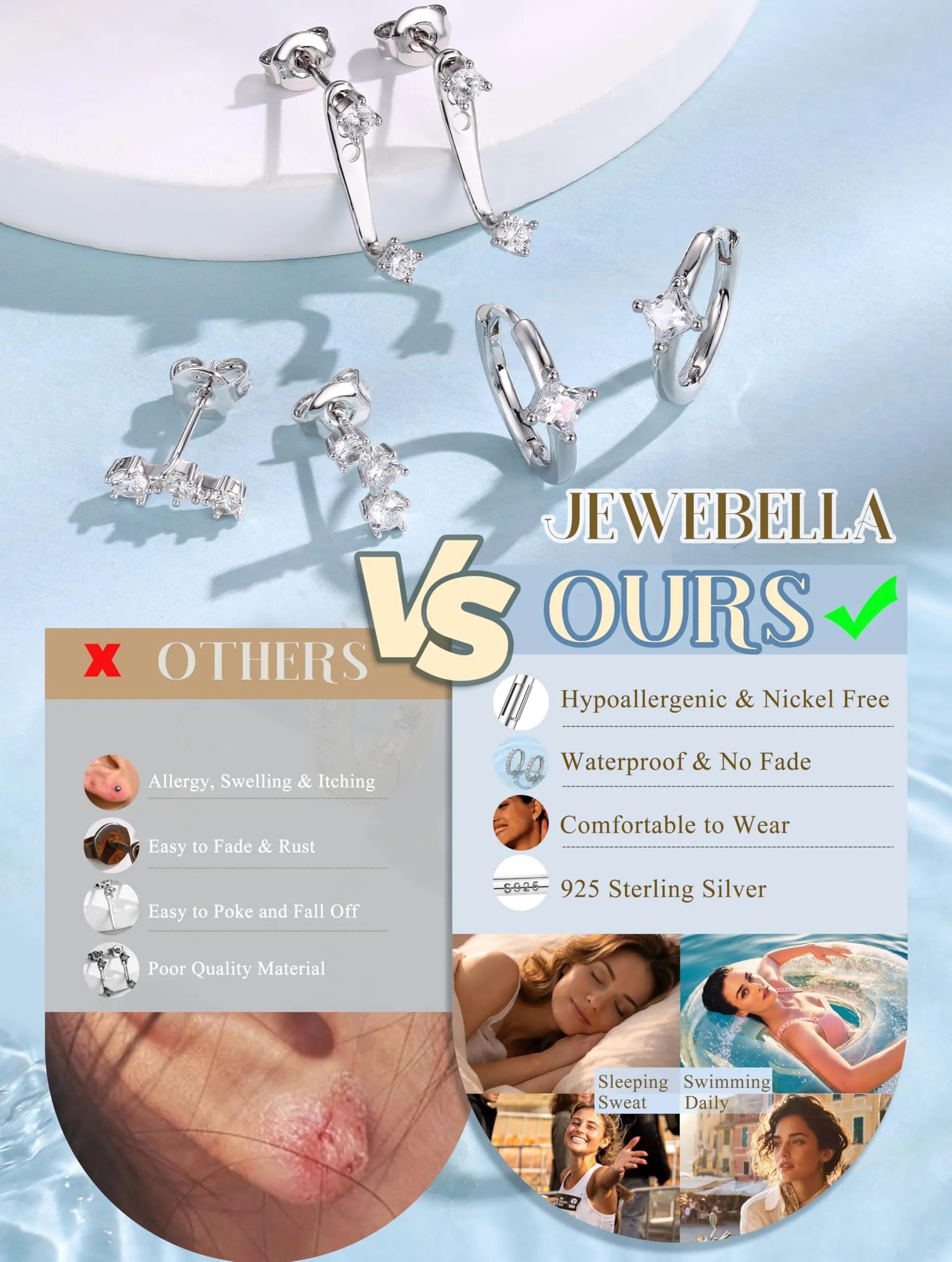 JeweBella Set di 3 Paia di Orecchini in Argento 925 Placcato Oro 14K per Donna, Orecchini a Bottone e a Cerchio per Piercing Multipli - immagine 4
