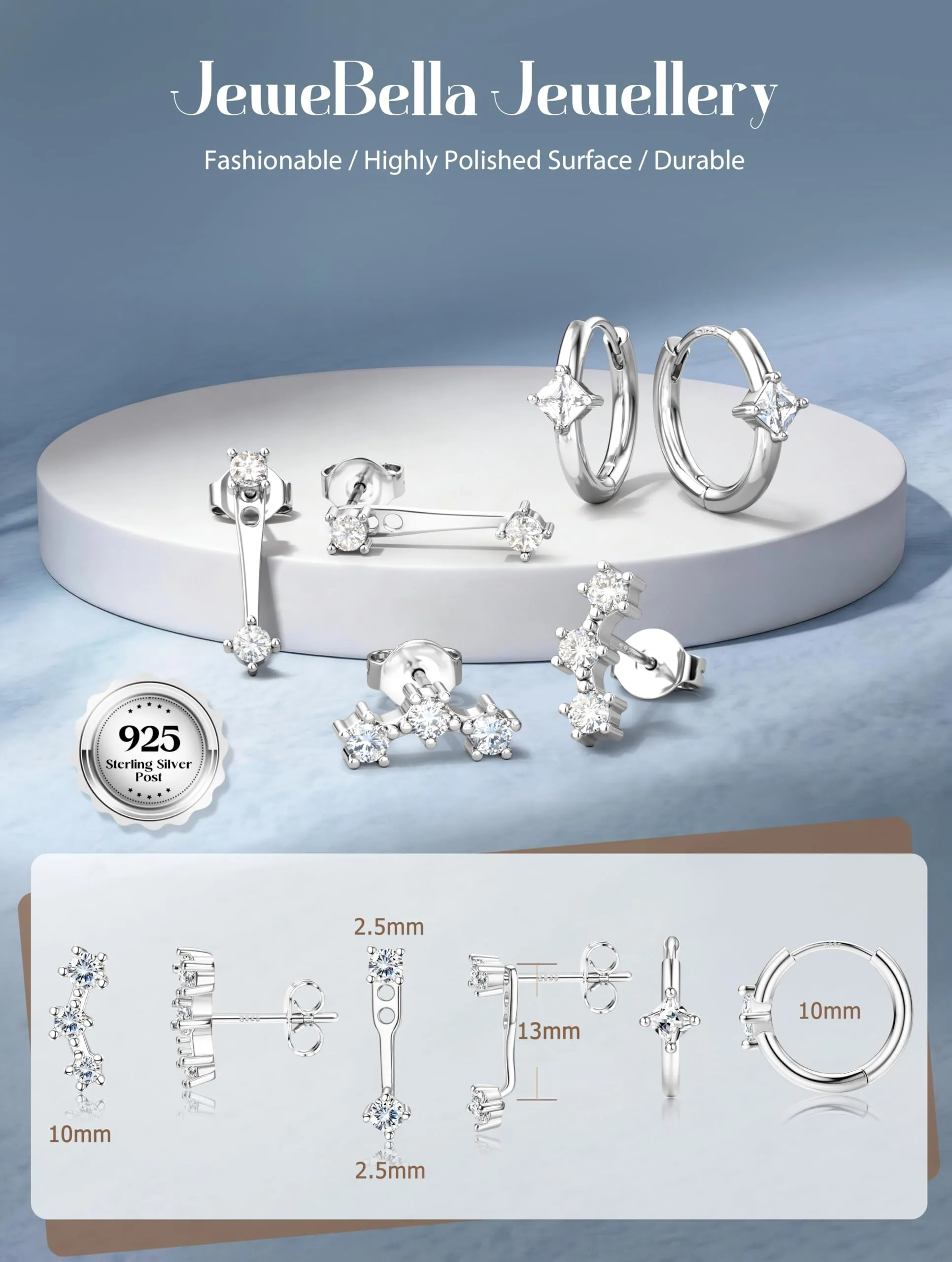 JeweBella Set di 3 Paia di Orecchini in Argento 925 Placcato Oro 14K per Donna, Orecchini a Bottone e a Cerchio per Piercing Multipli - immagine 5