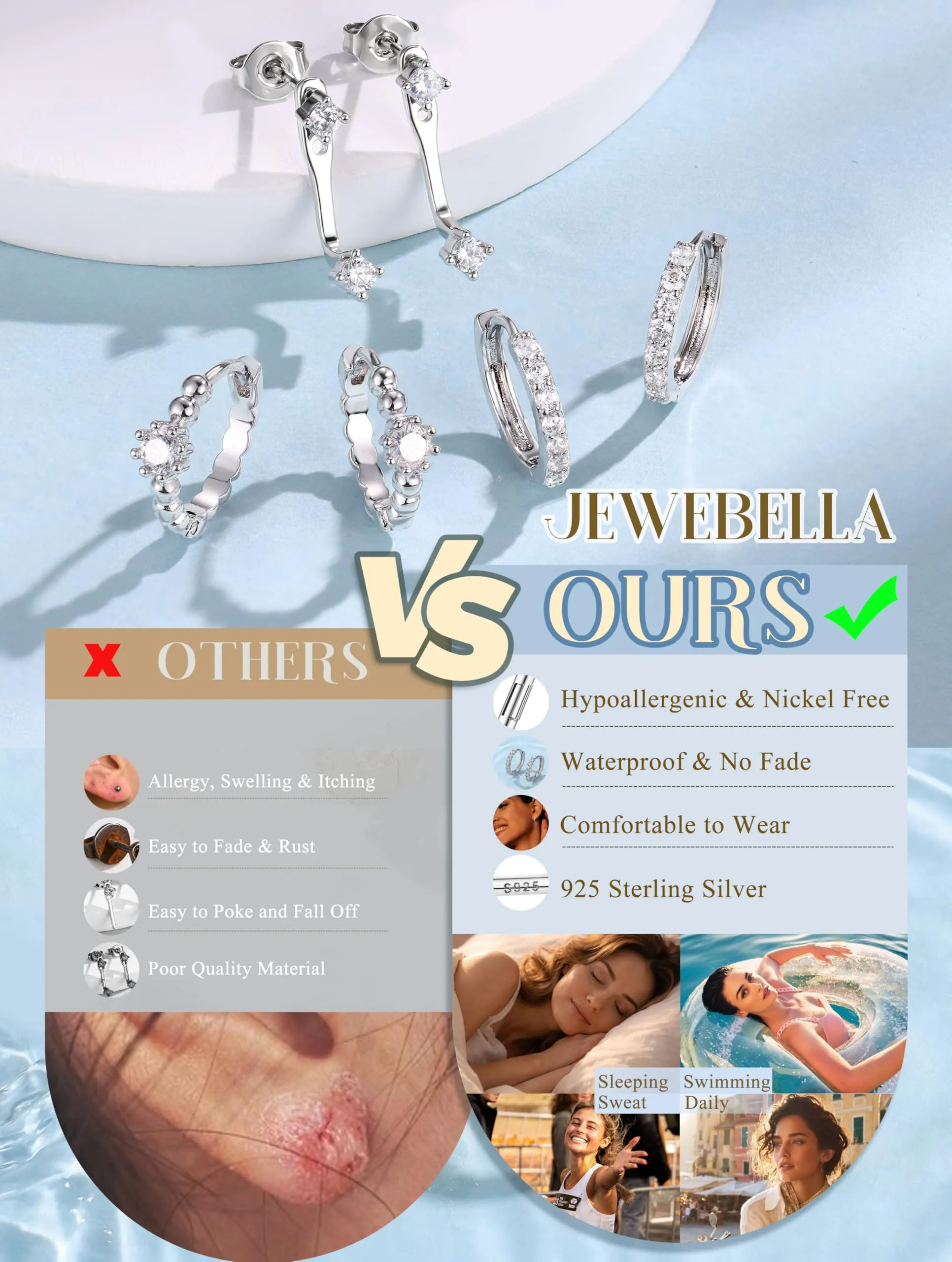 JeweBella Set di 3 Paia di Orecchini in Argento 925 Placcato Oro 14K, Orecchini a Bottone e a Cerchio per Piercing Multipli - immagine 4