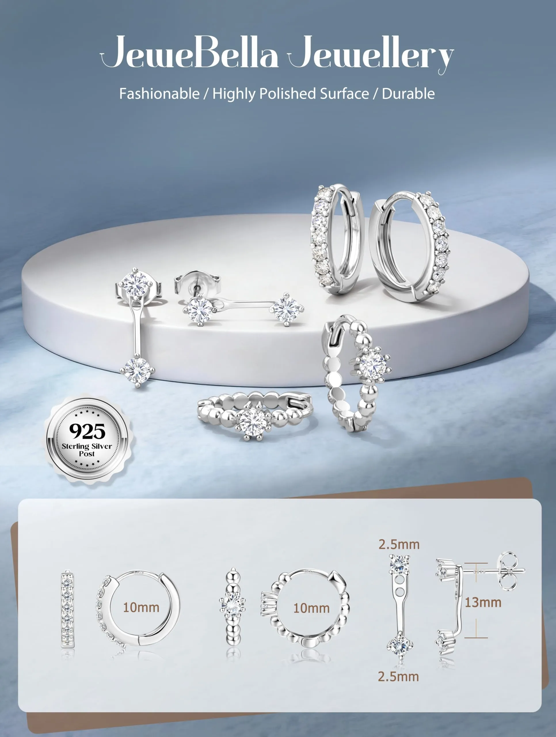 JeweBella Set di 3 Paia di Orecchini in Argento 925 Placcato Oro 14K, Orecchini a Bottone e a Cerchio per Piercing Multipli - immagine 5