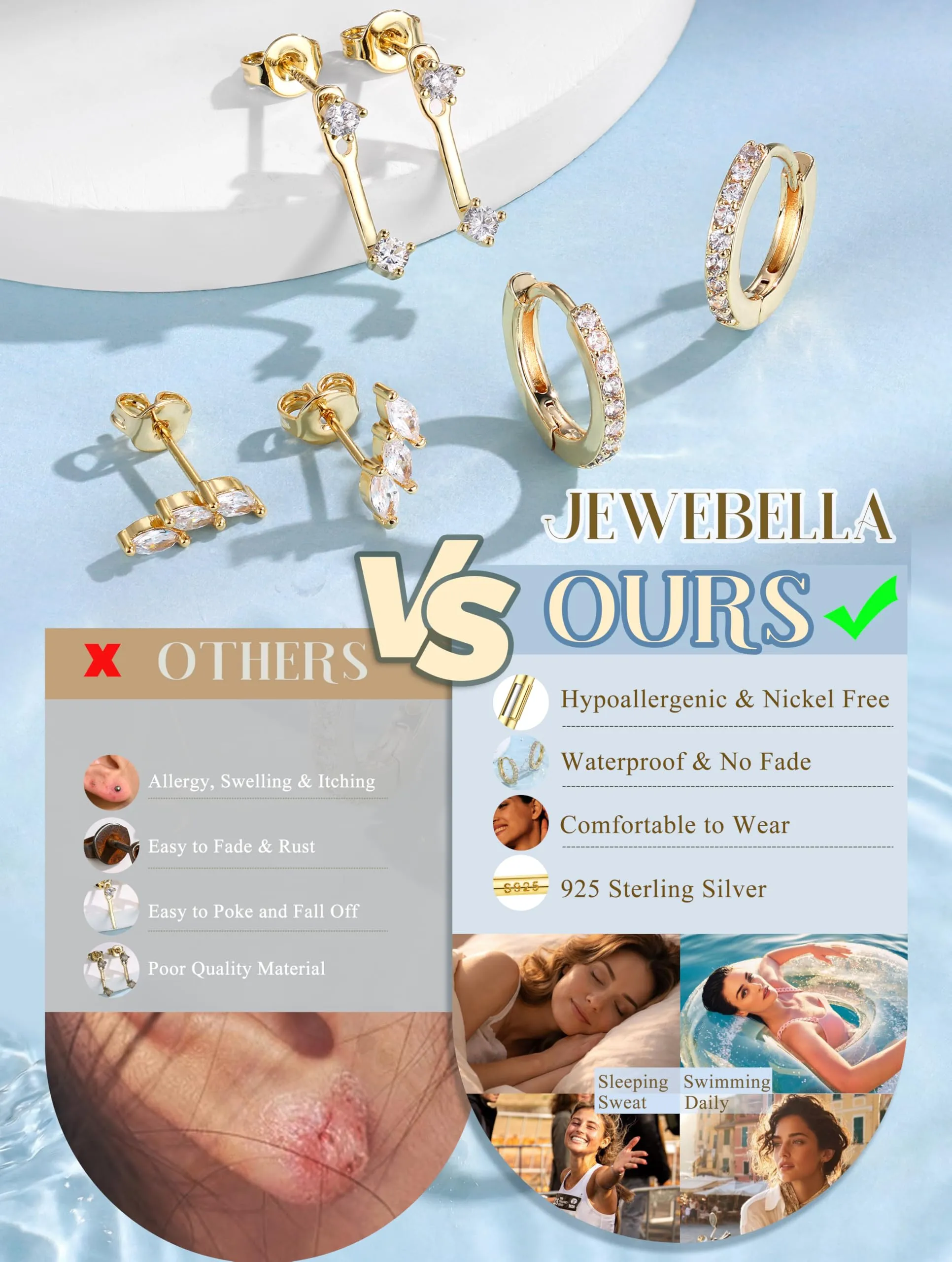 JeweBella Set di 3 Paia di Orecchini in Argento 925 Placcato Oro 14K, Orecchini a Bottone e a Cerchio per Piercing Multipli - immagine 4
