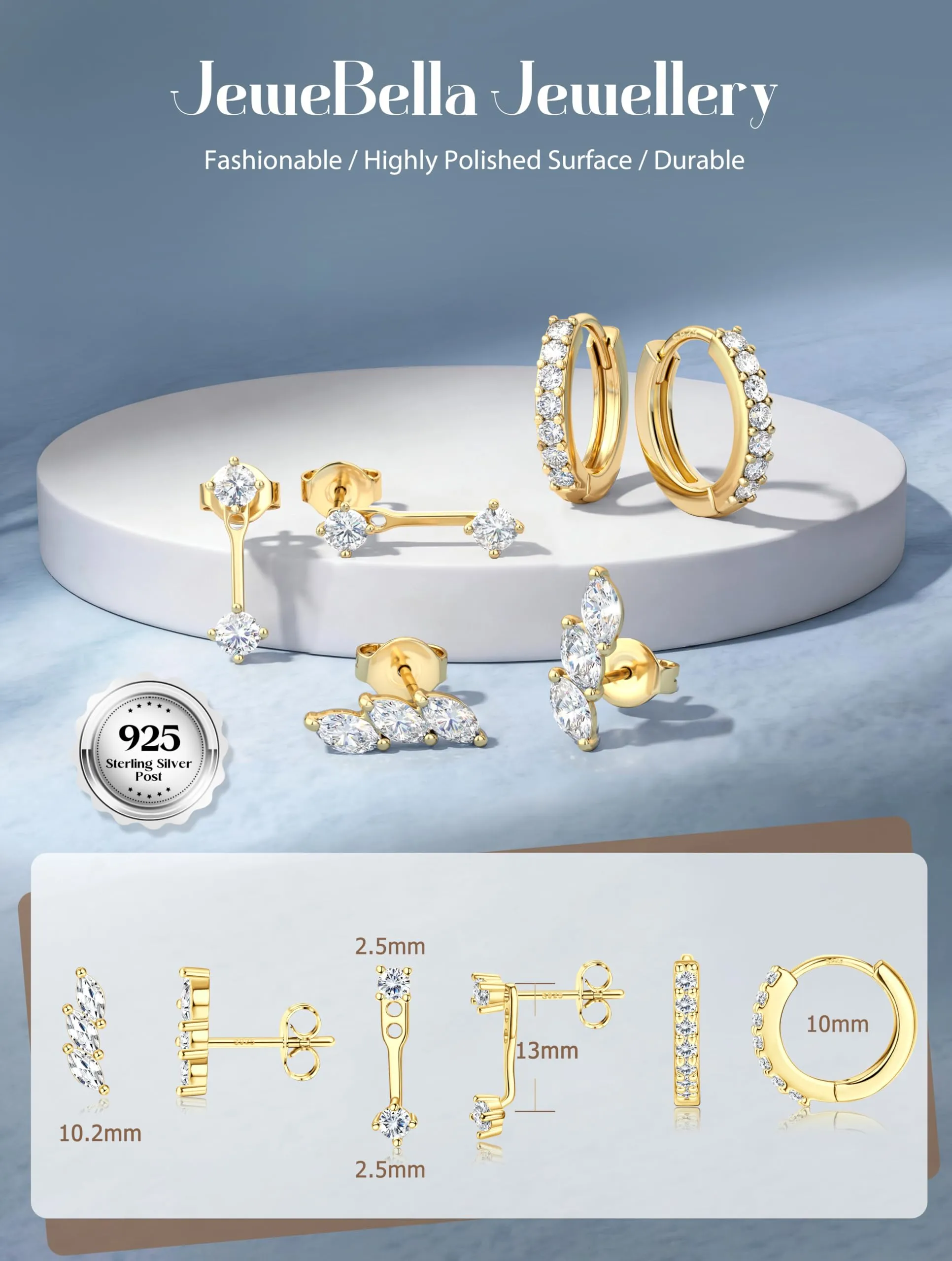 JeweBella Set di 3 Paia di Orecchini in Argento 925 Placcato Oro 14K, Orecchini a Bottone e a Cerchio per Piercing Multipli - immagine 5