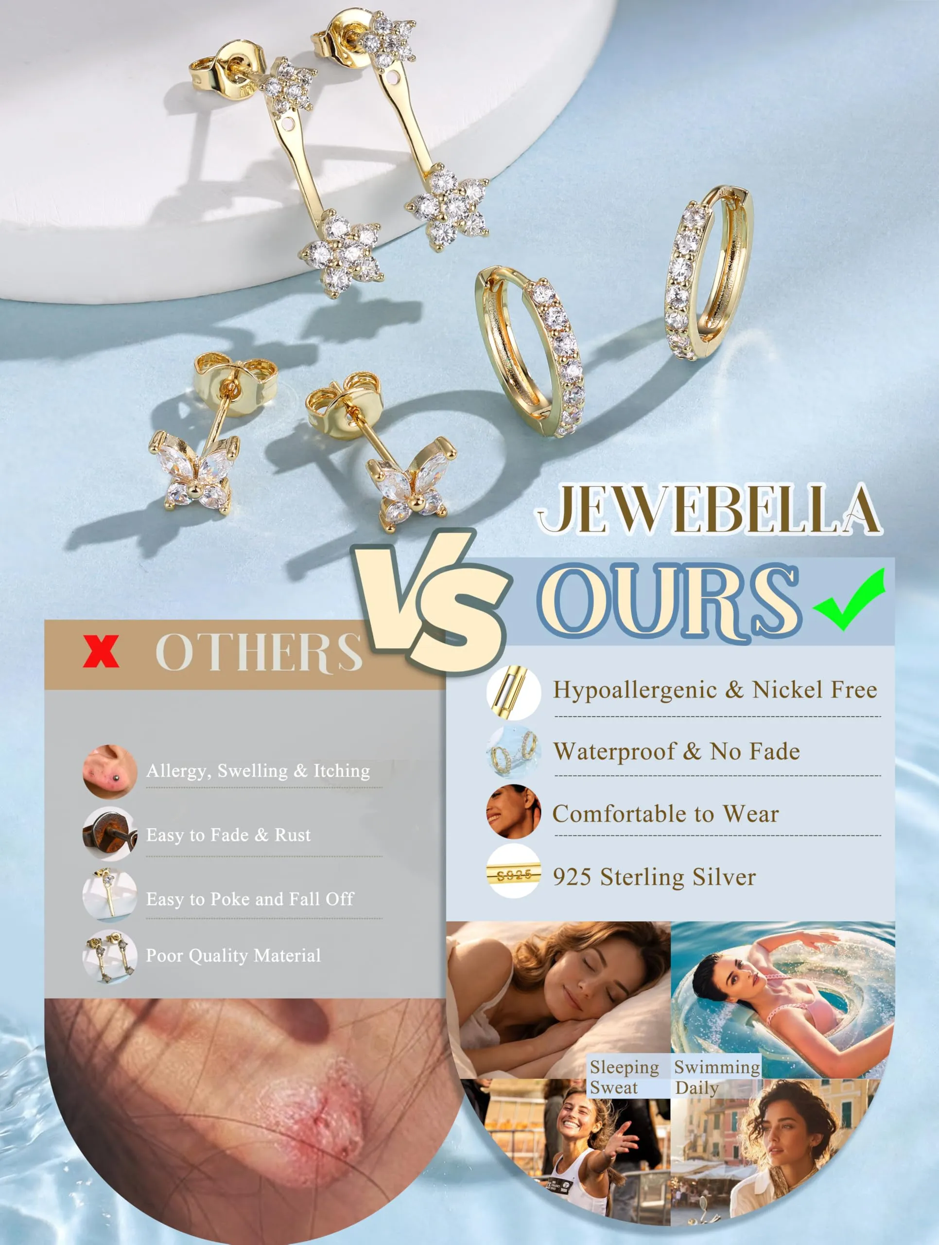 JeweBella Set di 3 Paia di Orecchini in Argento 925 Placcato Oro 14K per Donna, Orecchini a Bottone e a Cerchio per Piercing Multipli - immagine 4
