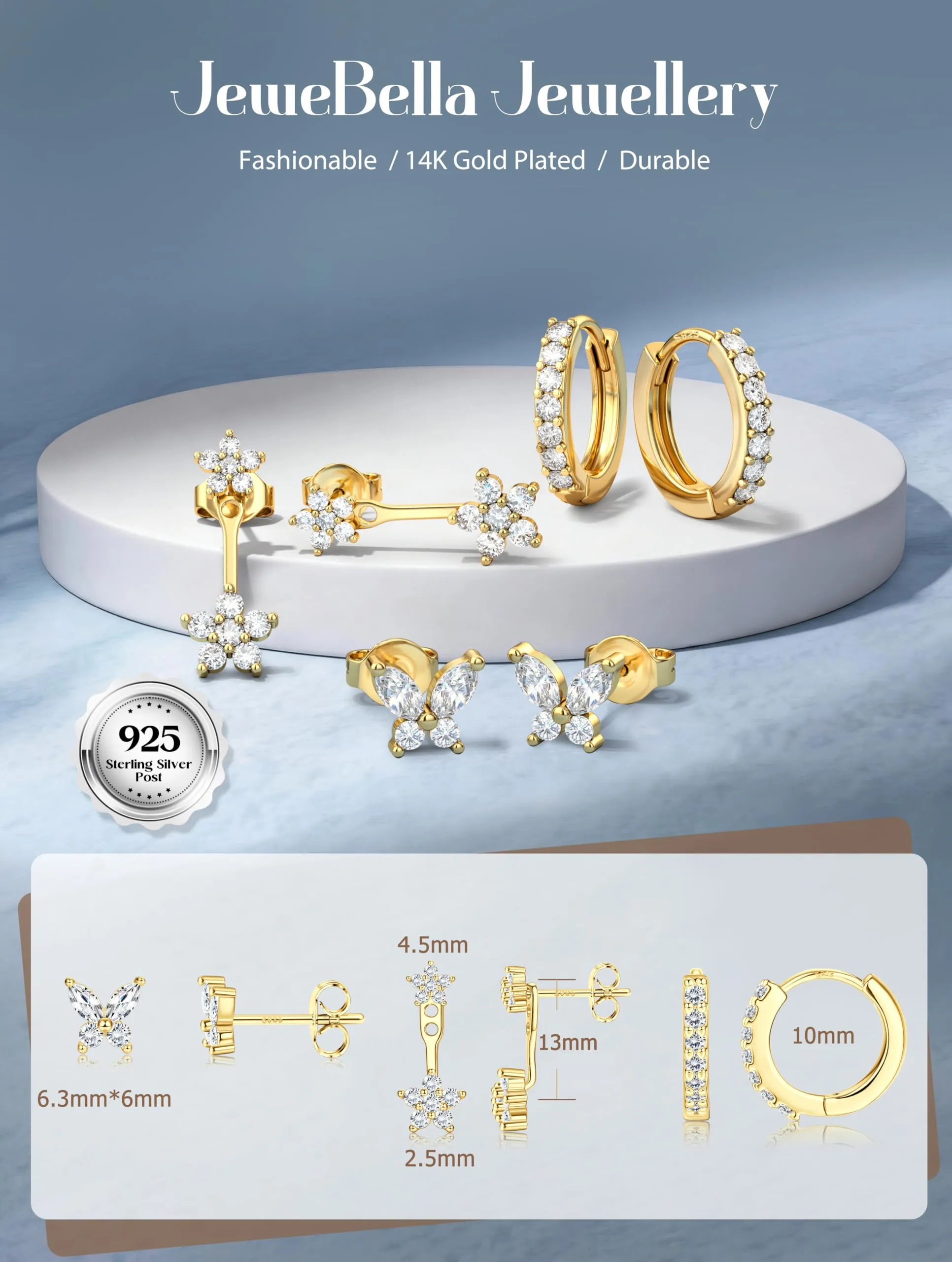JeweBella Set di 3 Paia di Orecchini in Argento 925 Placcato Oro 14K per Donna, Orecchini a Bottone e a Cerchio per Piercing Multipli - immagine 5