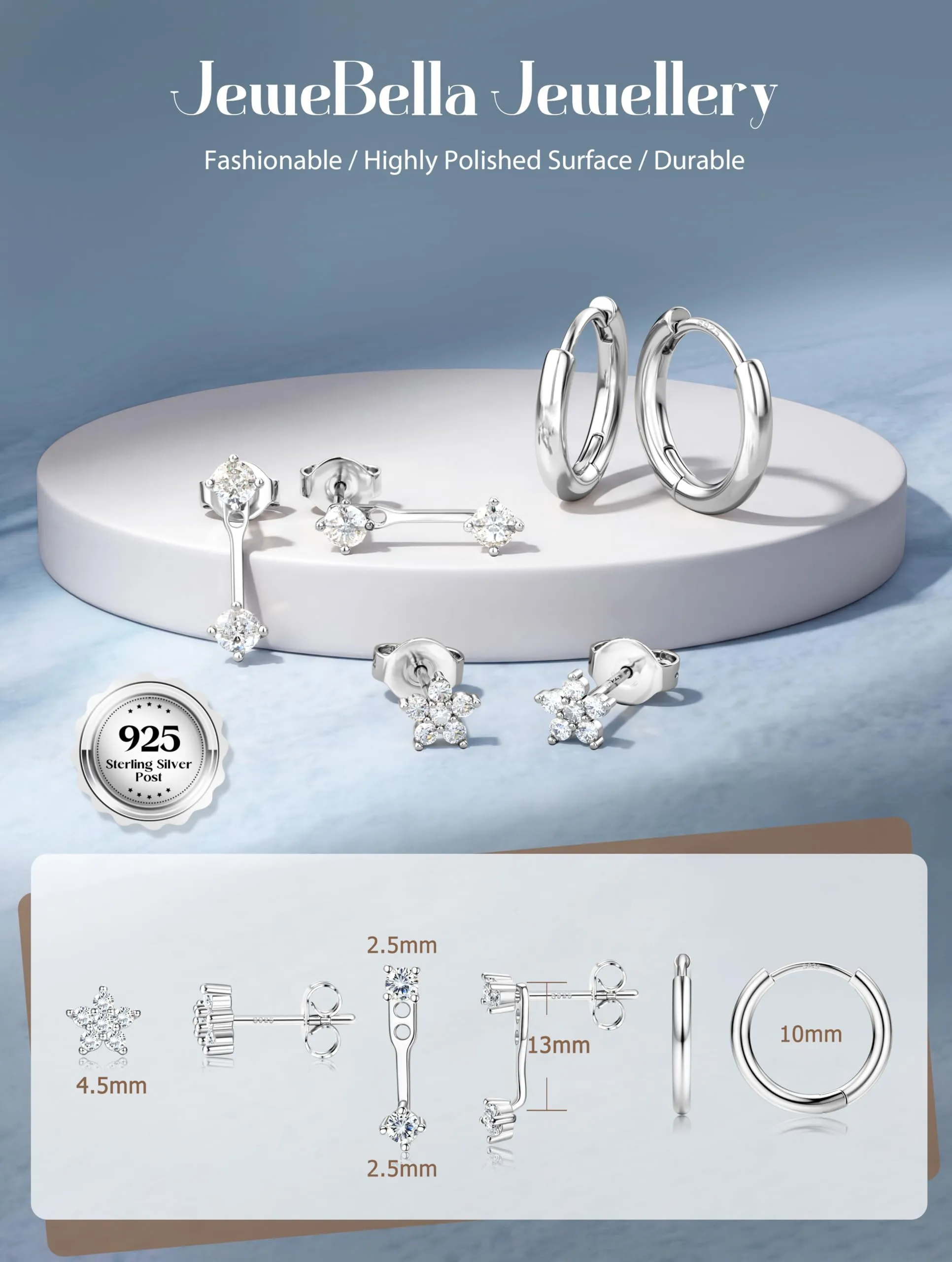 JeweBella Set di 3 Paia di Orecchini in Argento 925 Placcato Oro 14K, Orecchini a Bottone e a Cerchio Impilabili per Piercing Multipli - immagine 5