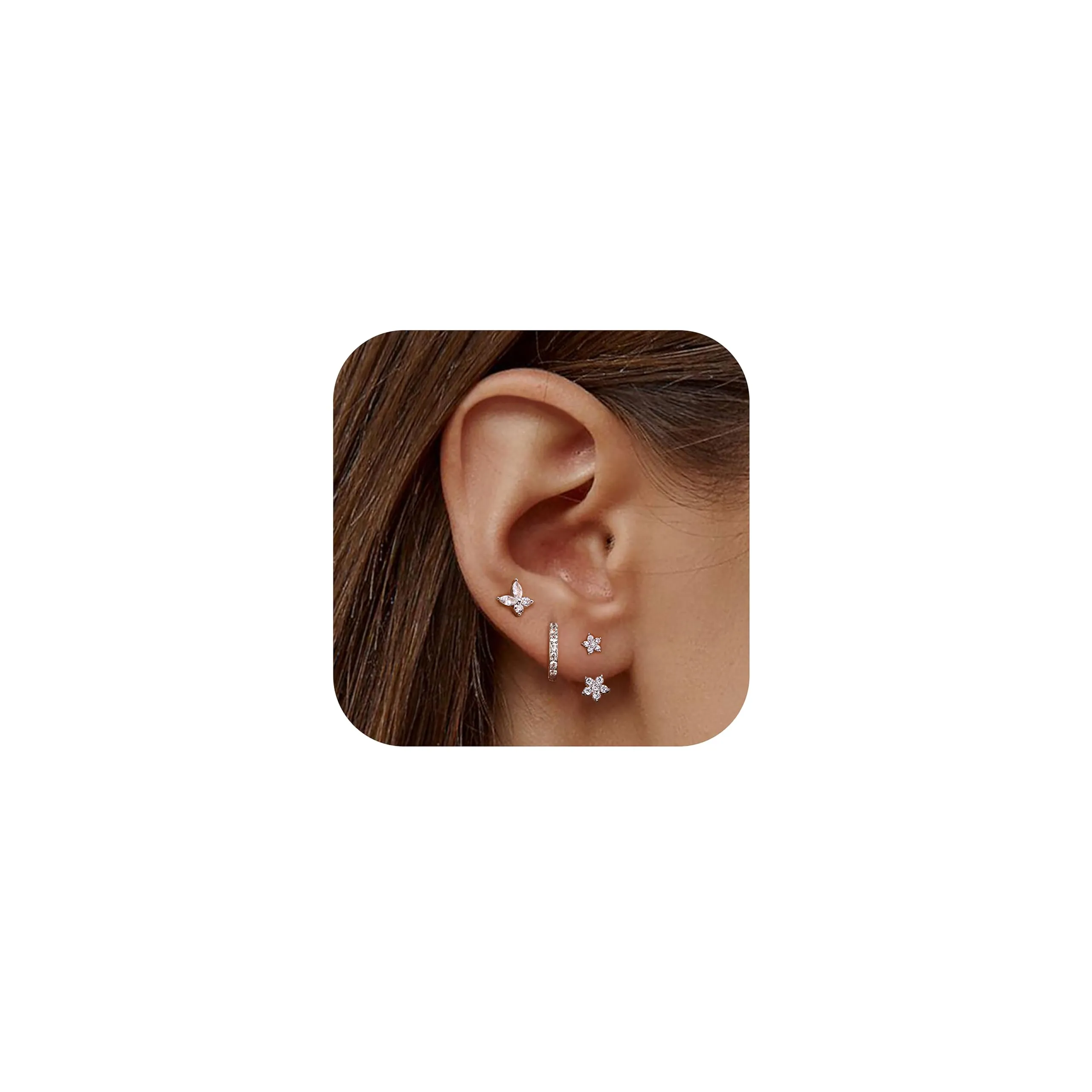 JeweBella Set 3 Paia Orecchini in Argento 925 Placcato Oro 14K, Orecchini a Bottone e a Cerchio per Piercing Multipli - immagine 1
