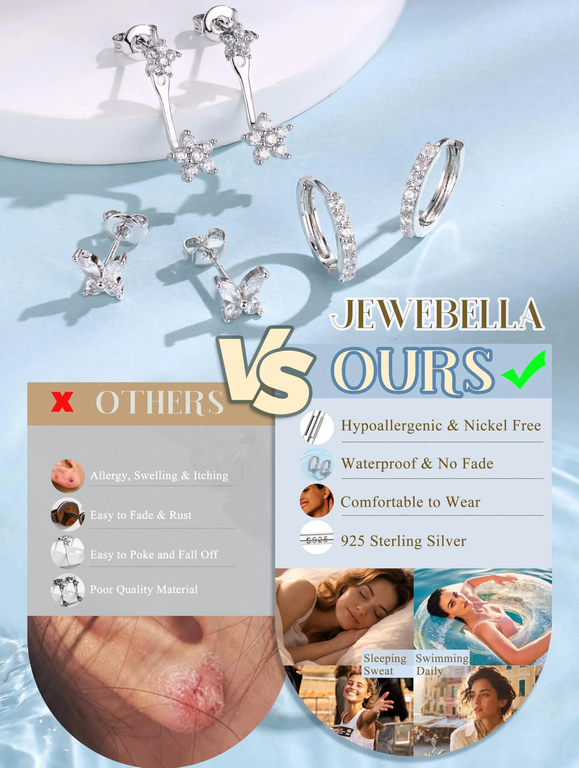 JeweBella Set 3 Paia Orecchini in Argento 925 Placcato Oro 14K, Orecchini a Bottone e a Cerchio per Piercing Multipli - immagine 4