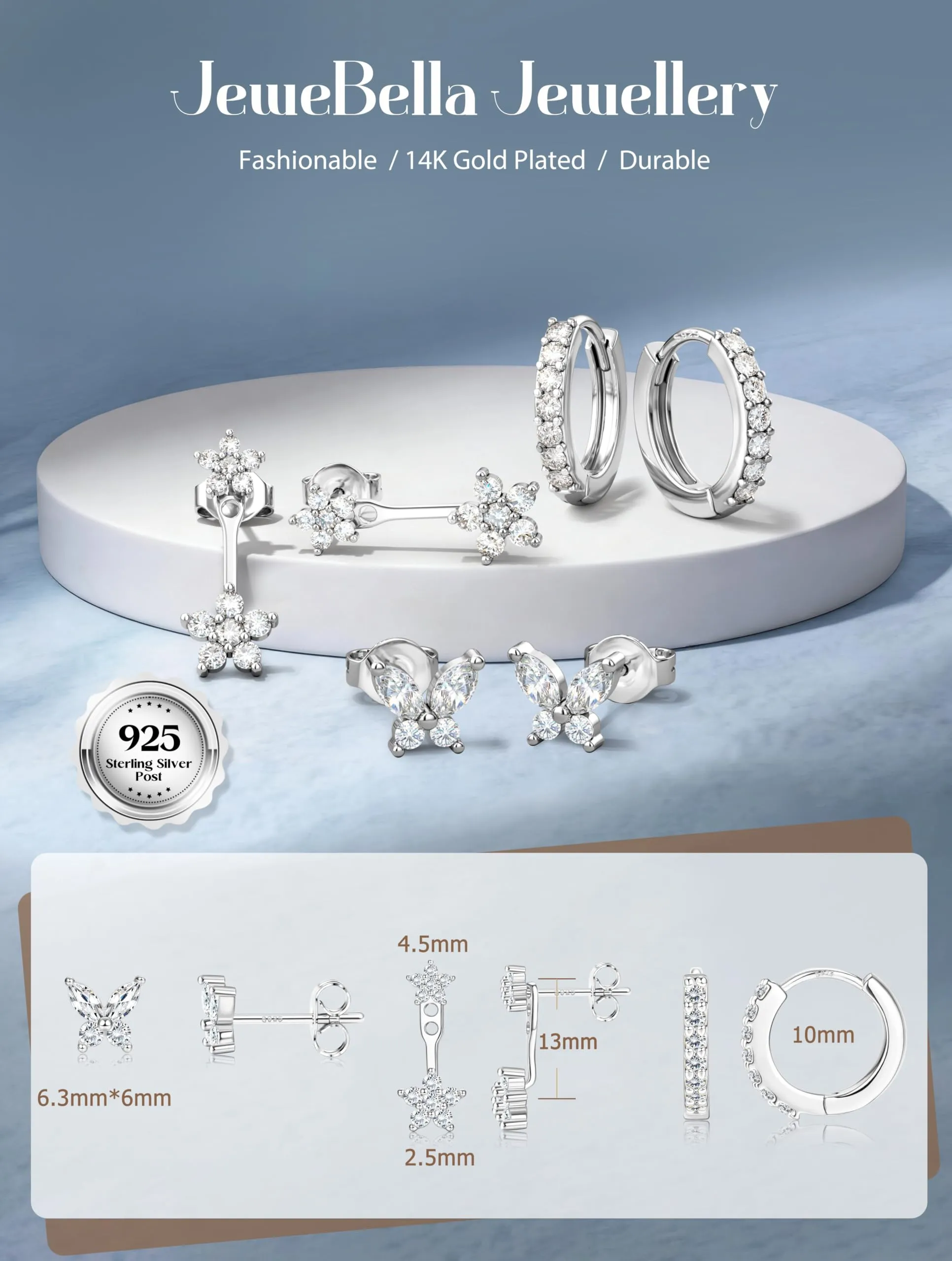 JeweBella Set 3 Paia Orecchini in Argento 925 Placcato Oro 14K, Orecchini a Bottone e a Cerchio per Piercing Multipli - immagine 5