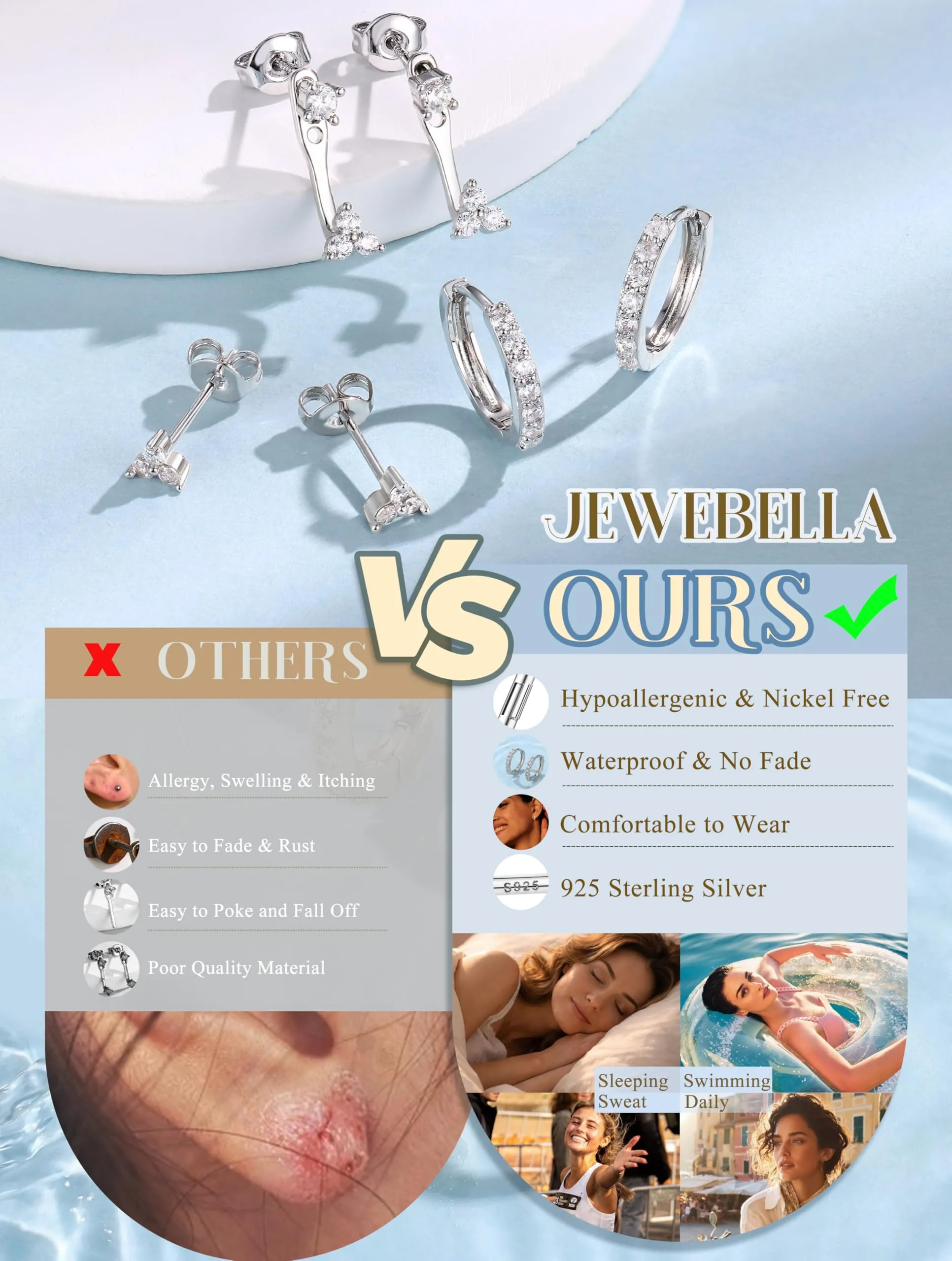JeweBella Set 3 Paia Orecchini in Argento 925 Placcato Oro 14K, Orecchini a Bottone e a Cerchio per Piercing Multipli - immagine 4