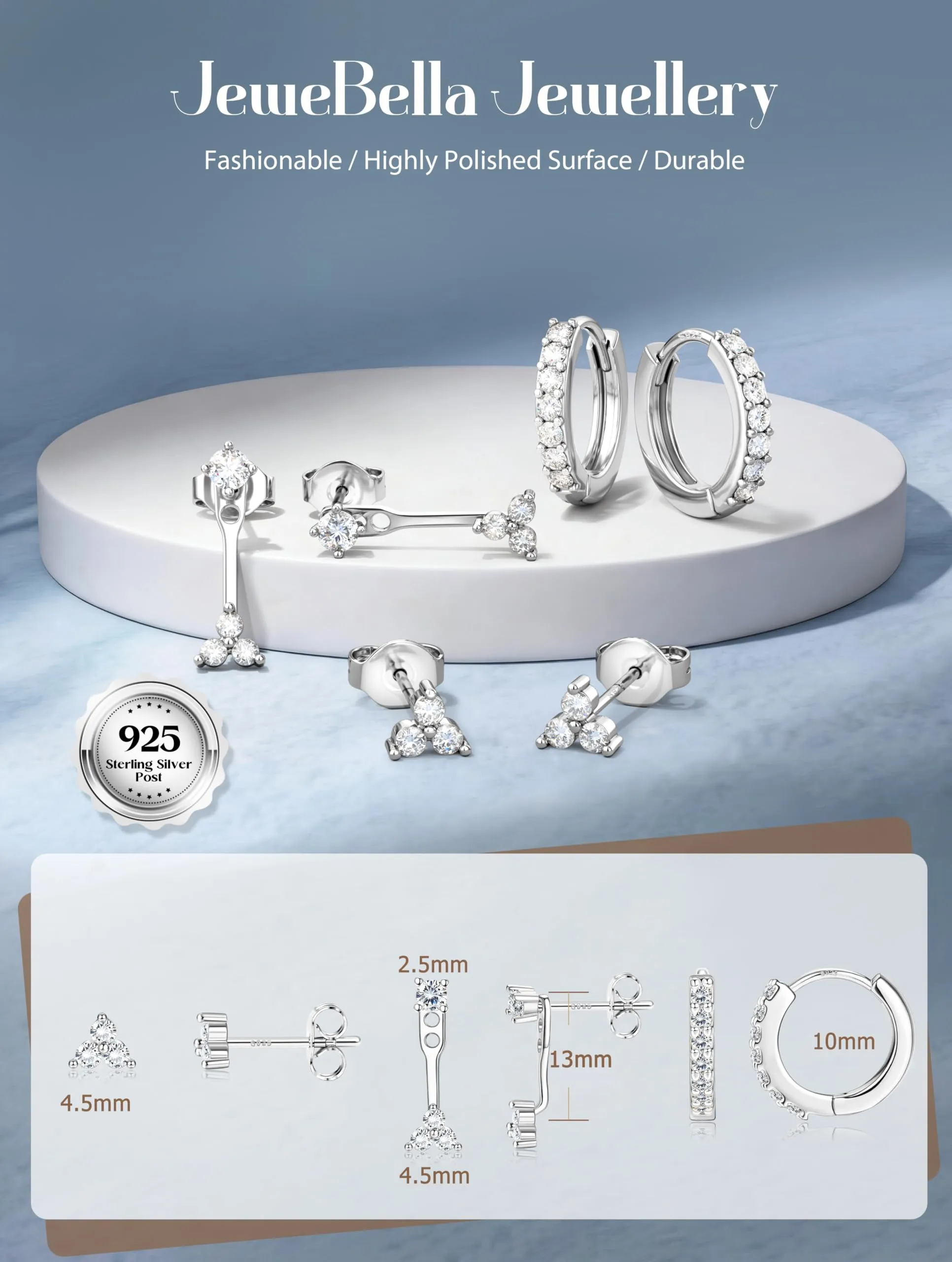 JeweBella Set 3 Paia Orecchini in Argento 925 Placcato Oro 14K, Orecchini a Bottone e a Cerchio per Piercing Multipli - immagine 5