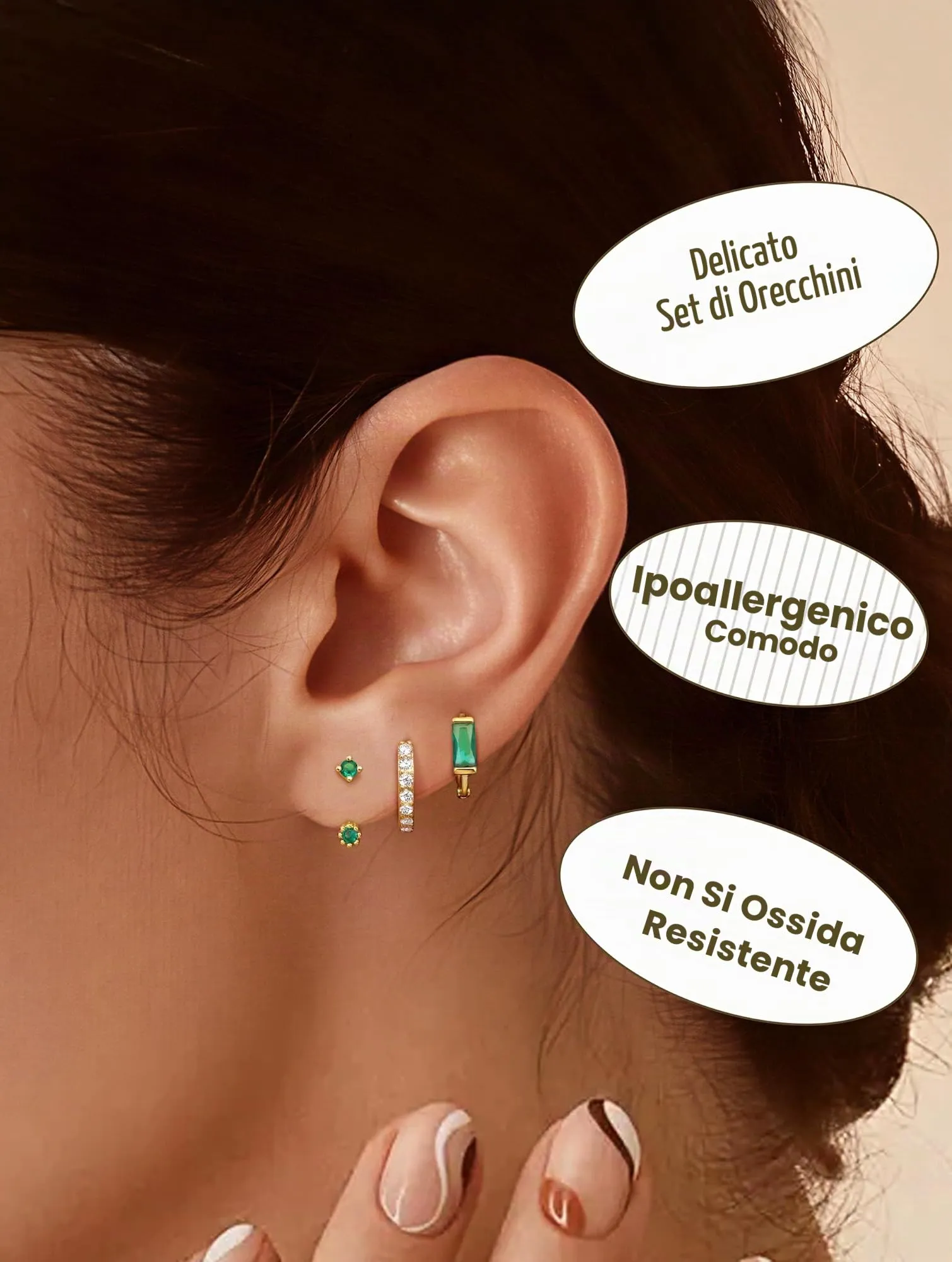 JeweBella Set 3 Paia Orecchini in Argento 925 Placcato Oro 14K, Orecchini a Bottone e a Cerchio per Piercing Multipli - immagine 2